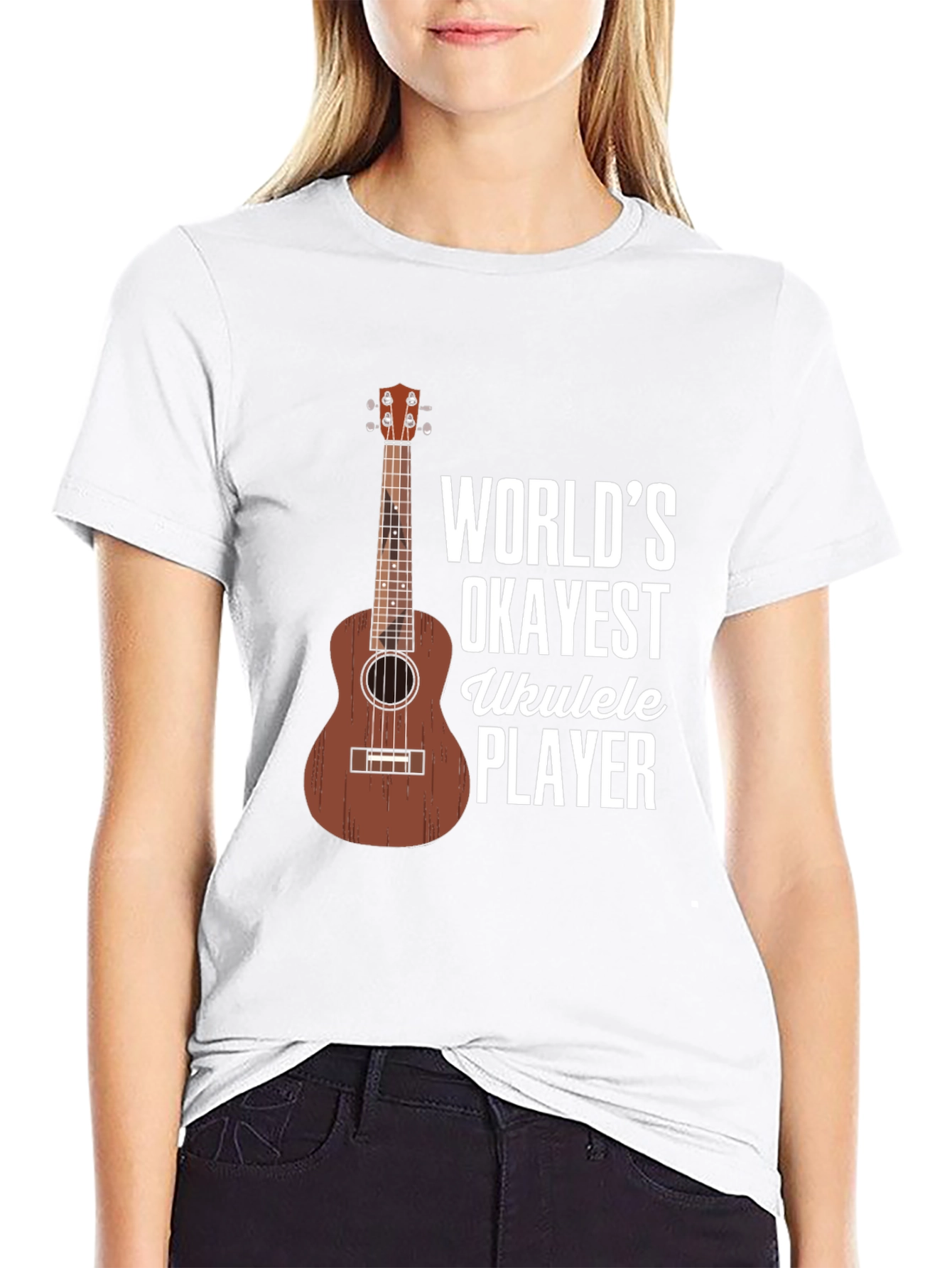 Black World's Okayest Ukulele Player Graphic T-Shirt view 9