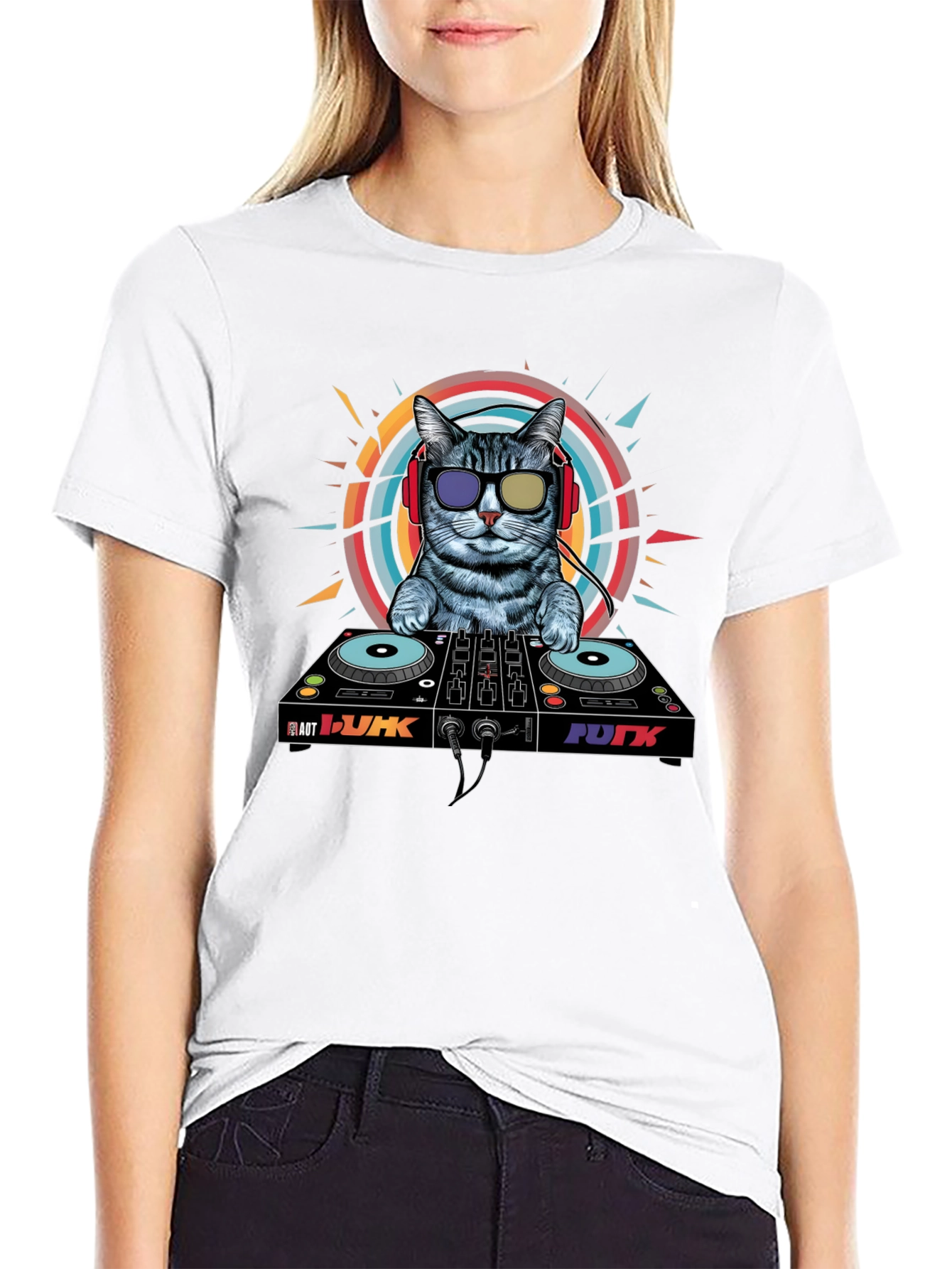 Black DJ Cat Graphic Tee - Cool Musician Cat T-Shirt view 9