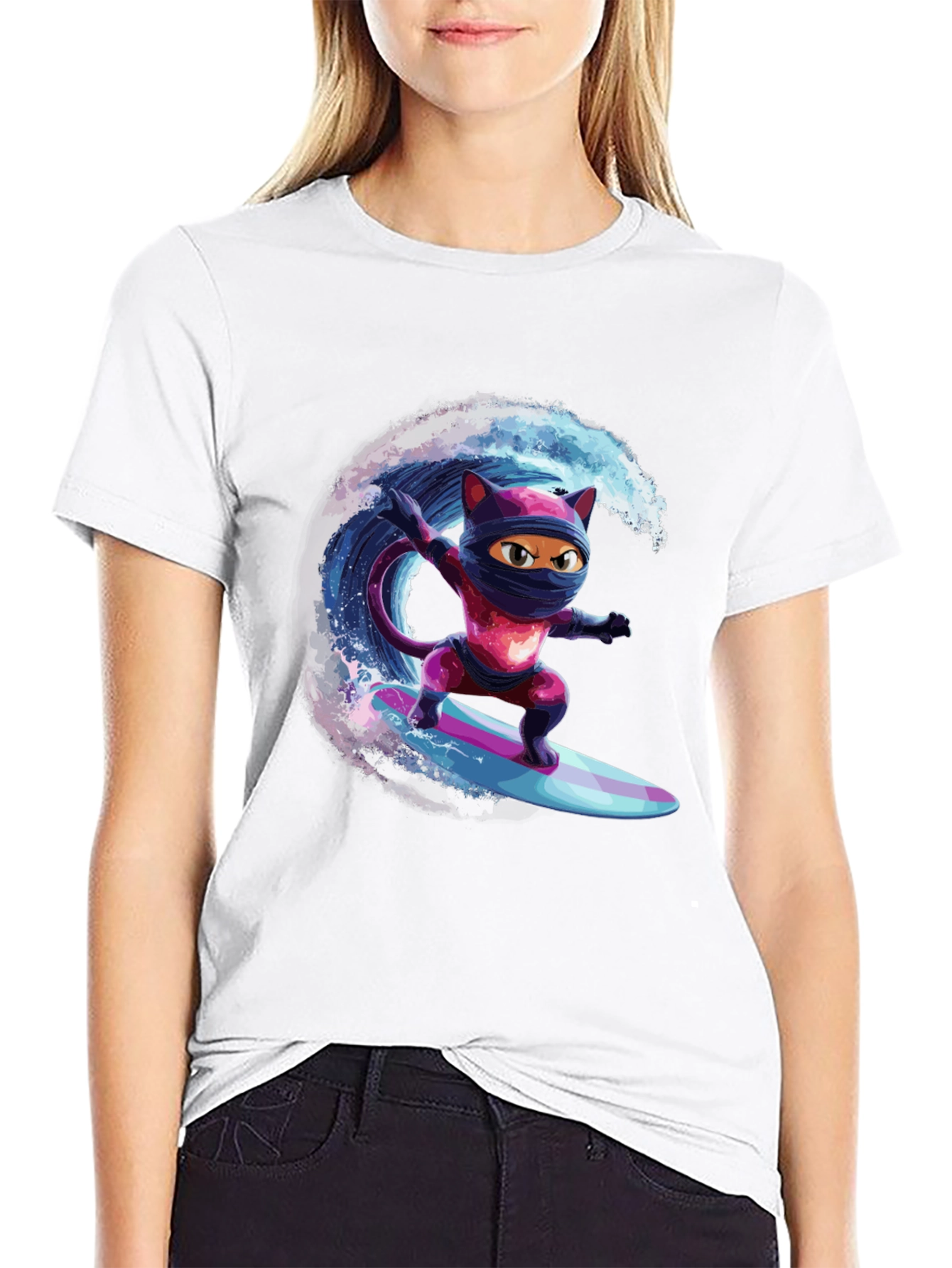 Black Ninja Cat Surfing T-Shirt - Cool Graphic Tee view 9