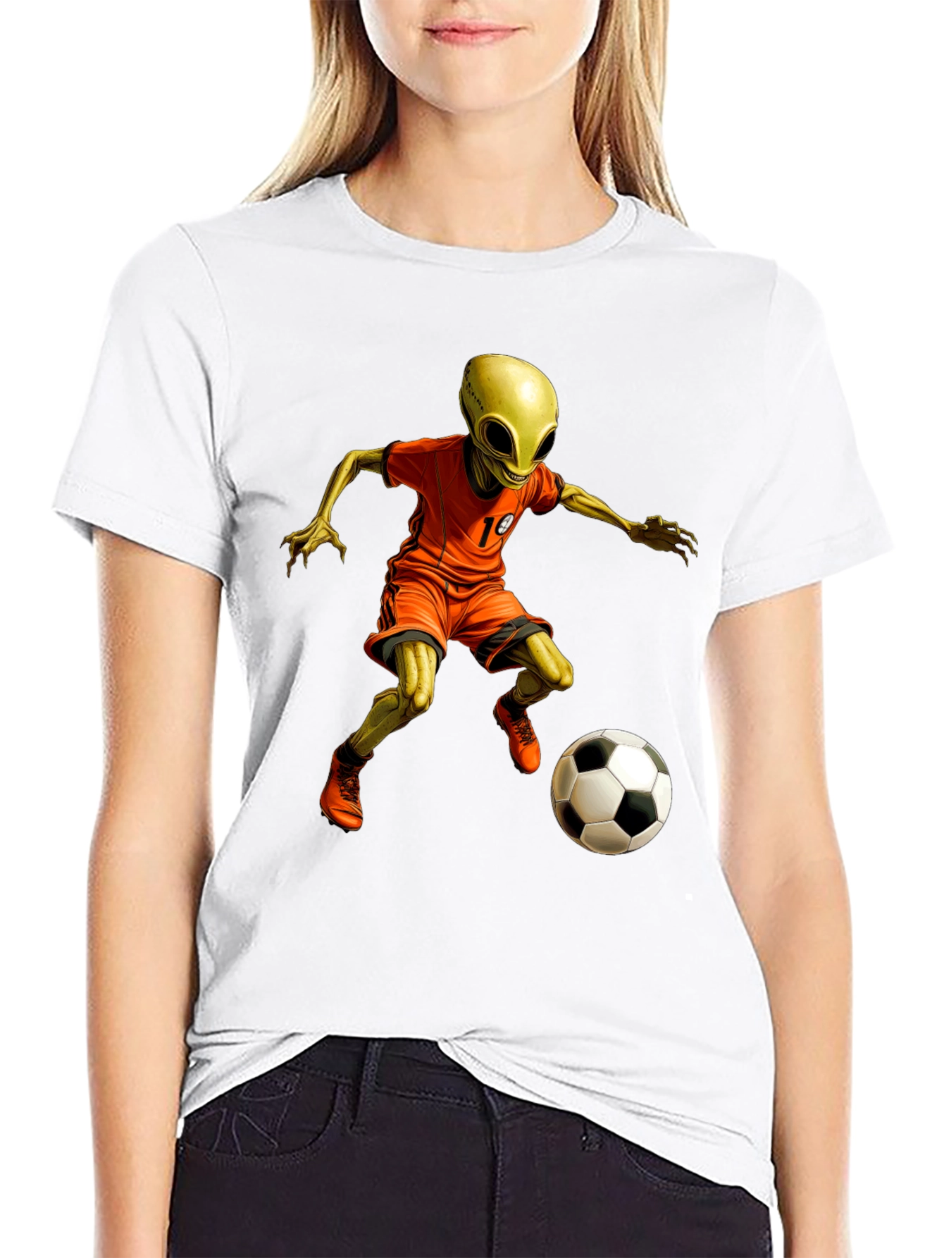 Black Alien Soccer T-Shirt - Galactic Goals! view 9