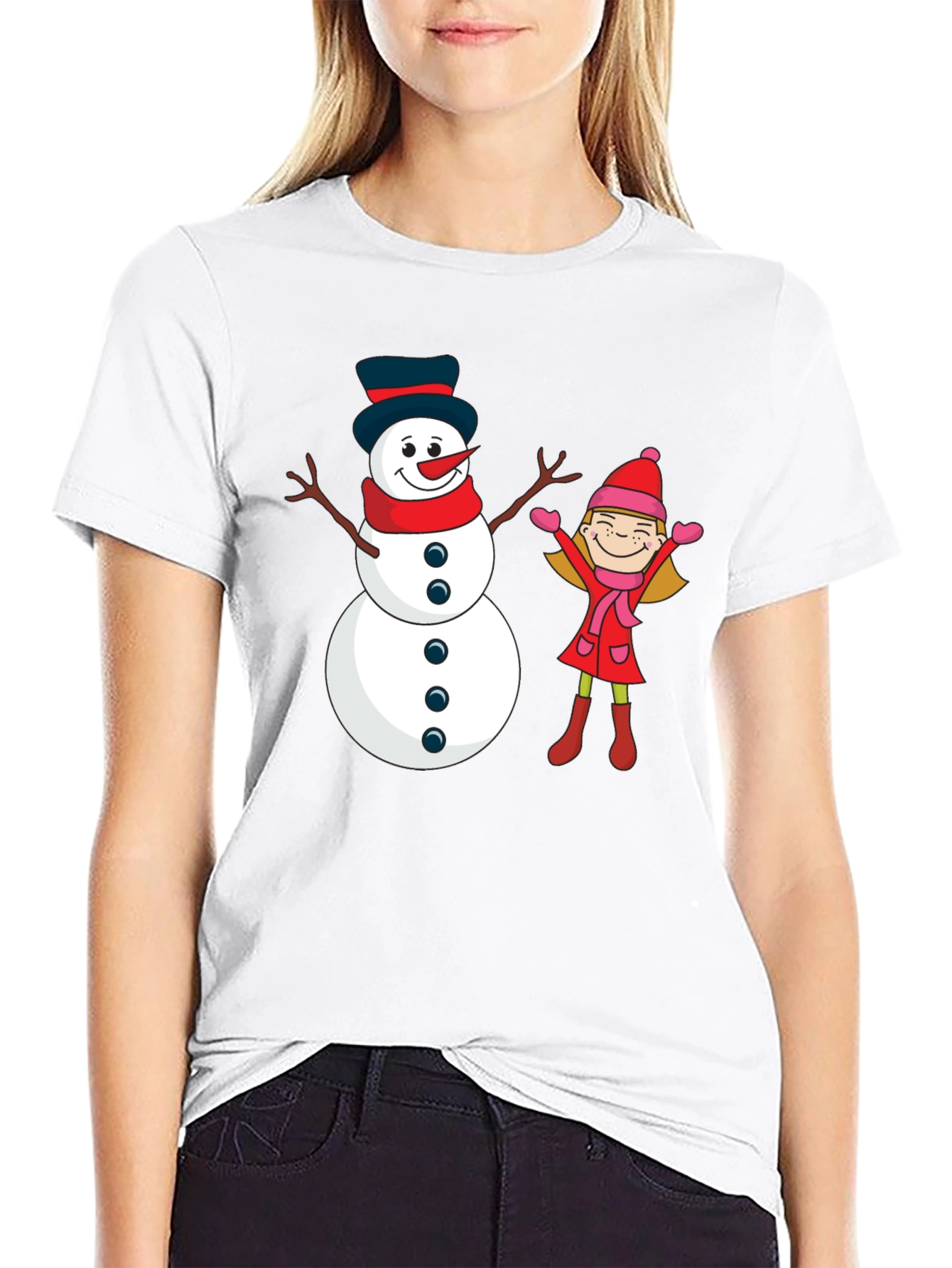 Black Festive Snowman & Girl Graphic Tee - Black view 9