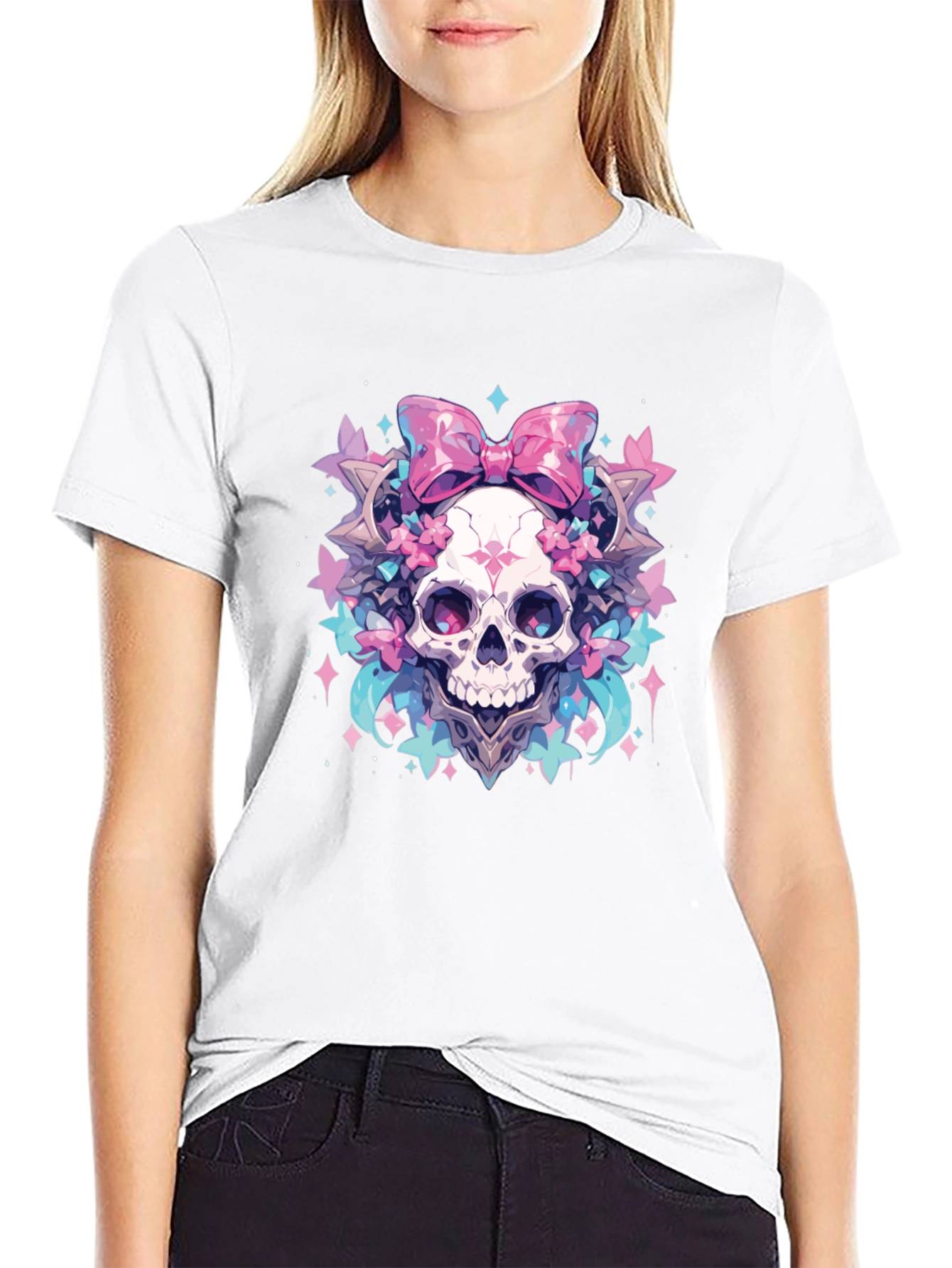 Black Skull Bow T-Shirt - Pastel Goth Aesthetic view 9