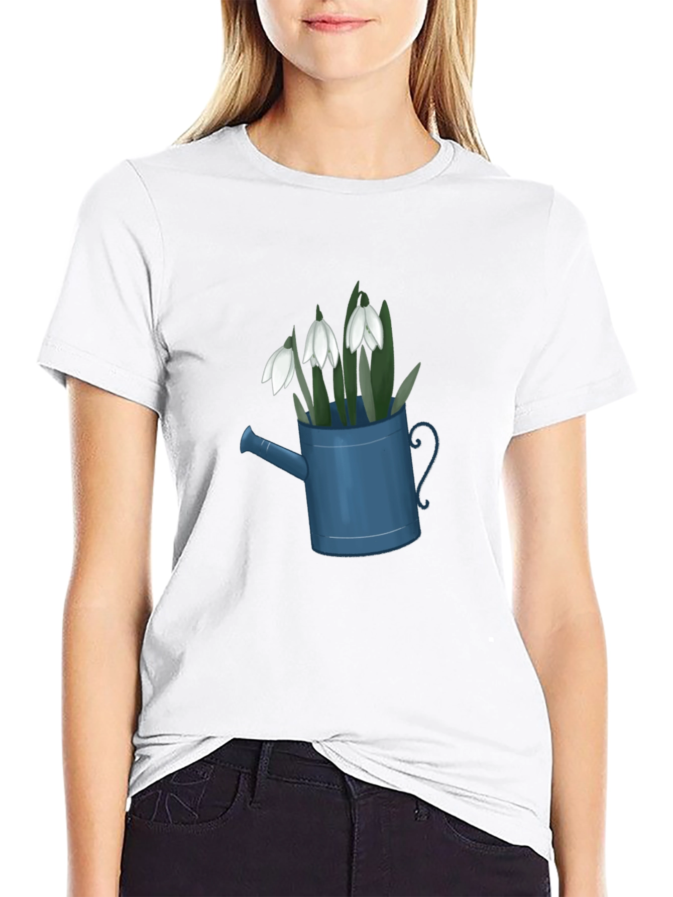 Black Snowdrop Flowers in Watering Can Black T-Shirt view 9