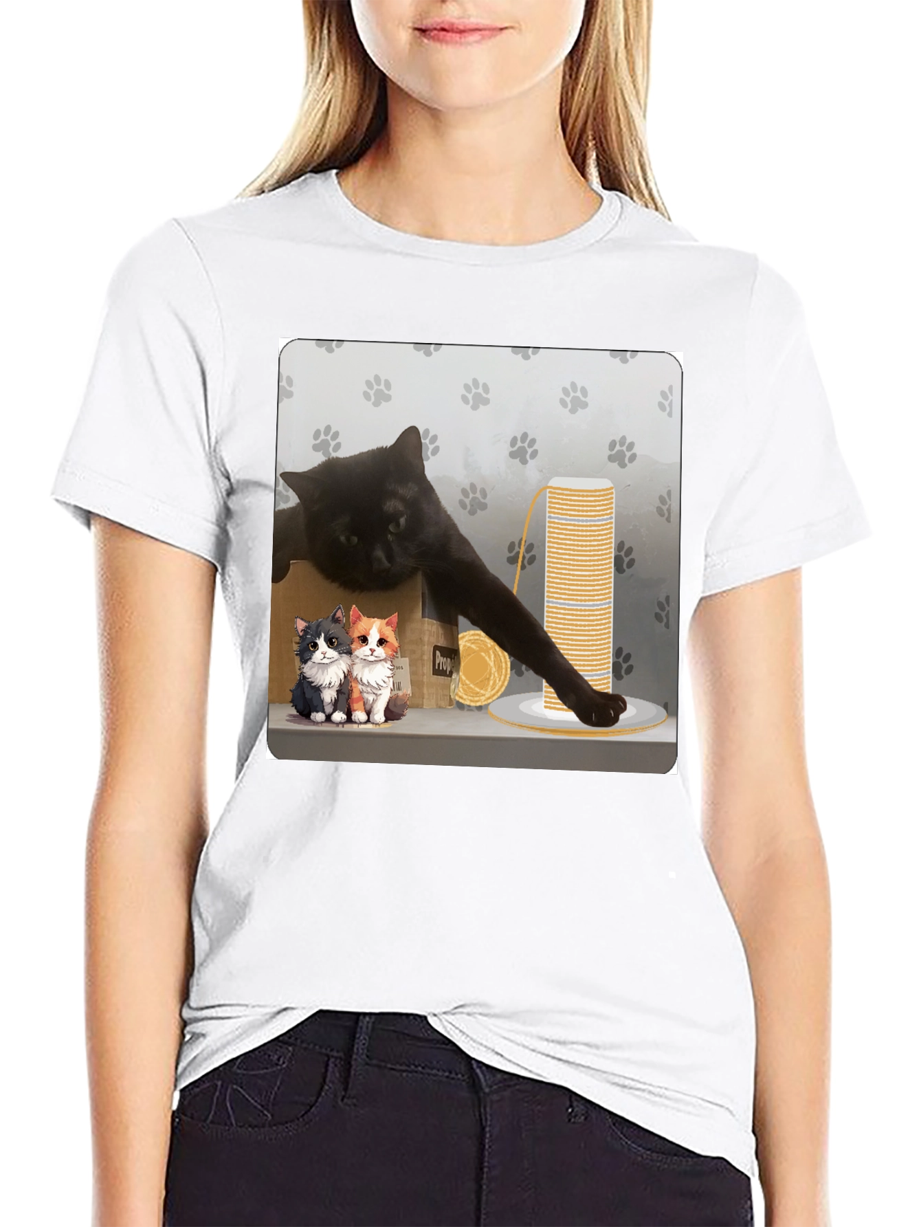Black Cat Cartoon Graphic Black T-Shirt view 9