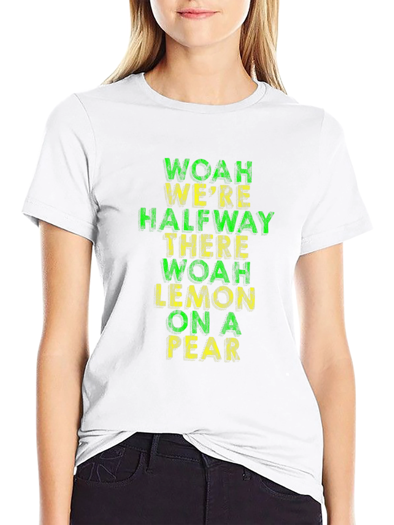 Black Funny T-Shirt: Woah We're Halfway There Lemon On A Pear view 9