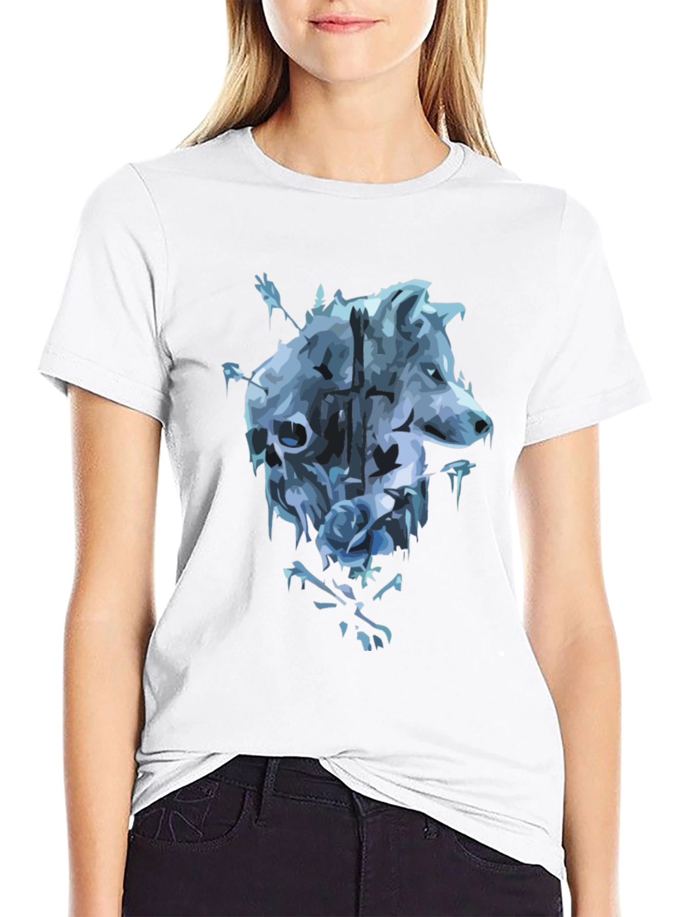 Black Wolf Skull Rose Graphic T-Shirt - Men's Black Tee view 9