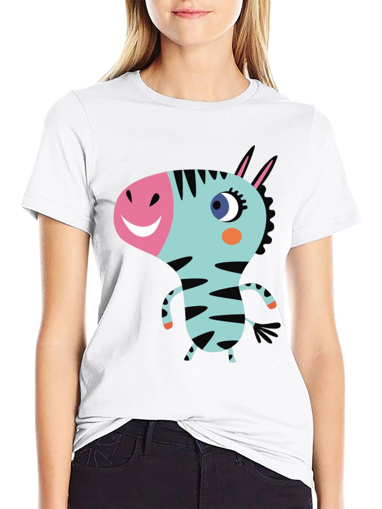 Black Cartoon Zebra Graphic Black T-Shirt view 9
