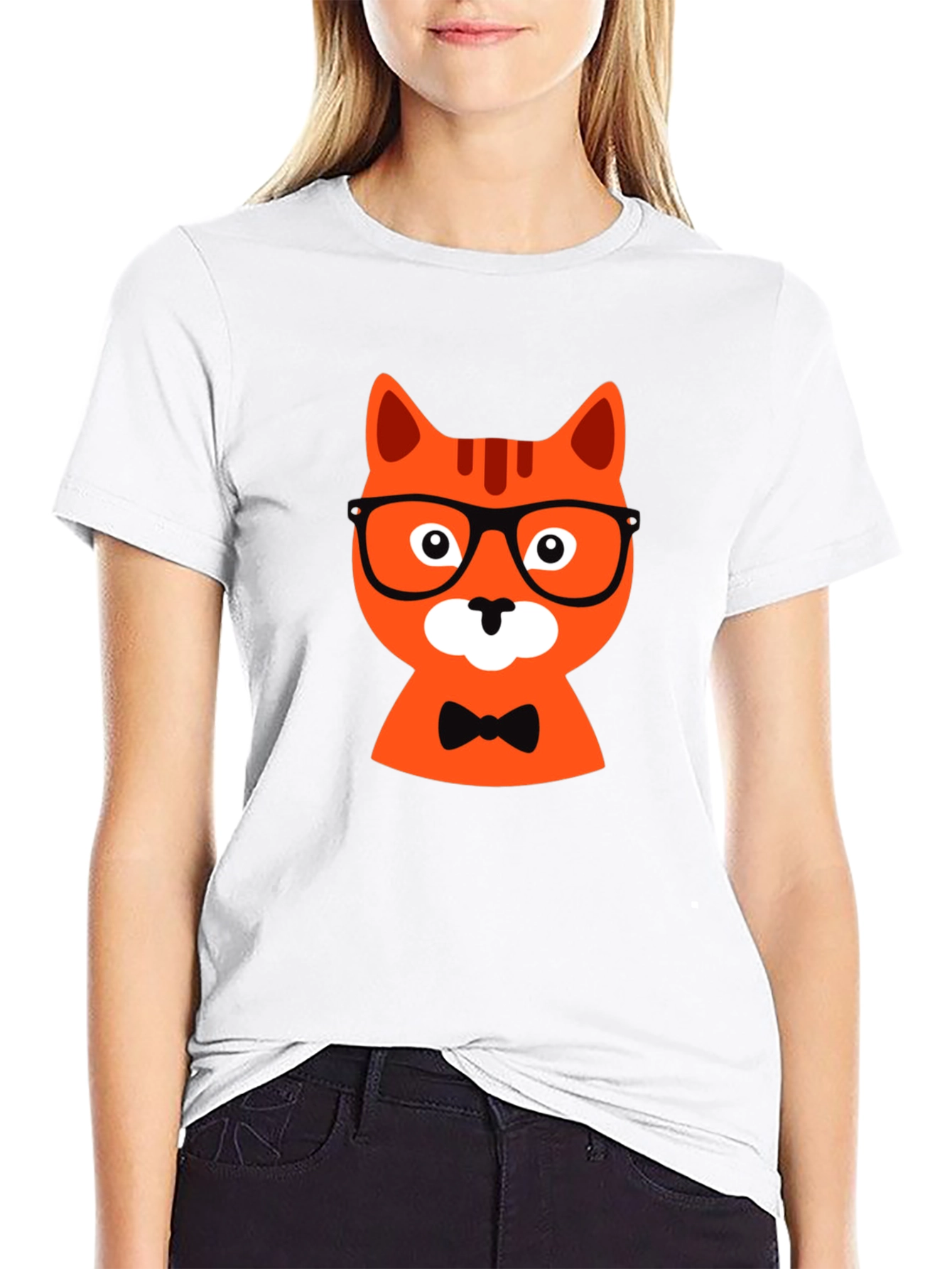 Black Black T-Shirt with Hipster Cat Graphic view 9