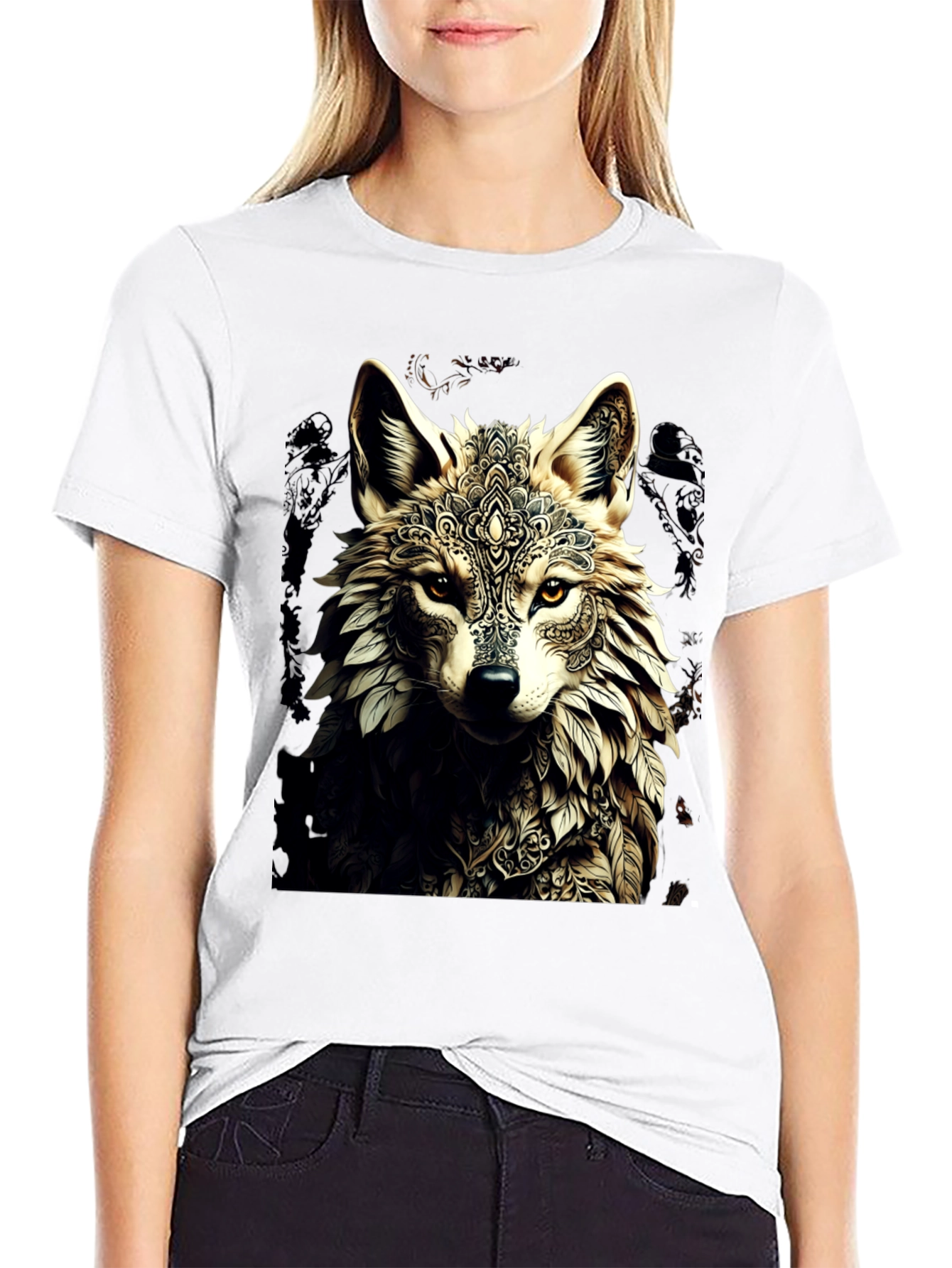 Black Wolf Mandala Graphic Tee - Stylish Black T-Shirt view 9