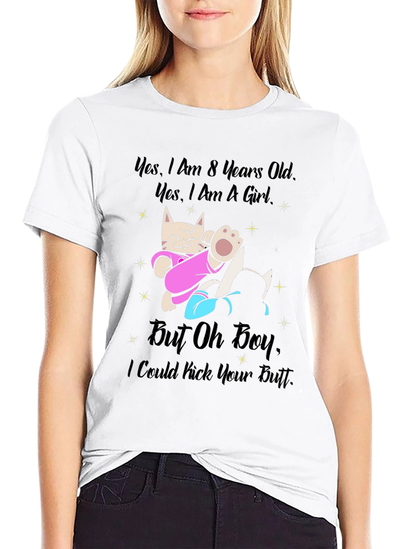 Black Funny Cat Girl T-Shirt - I Could Kick Your Butt view 9