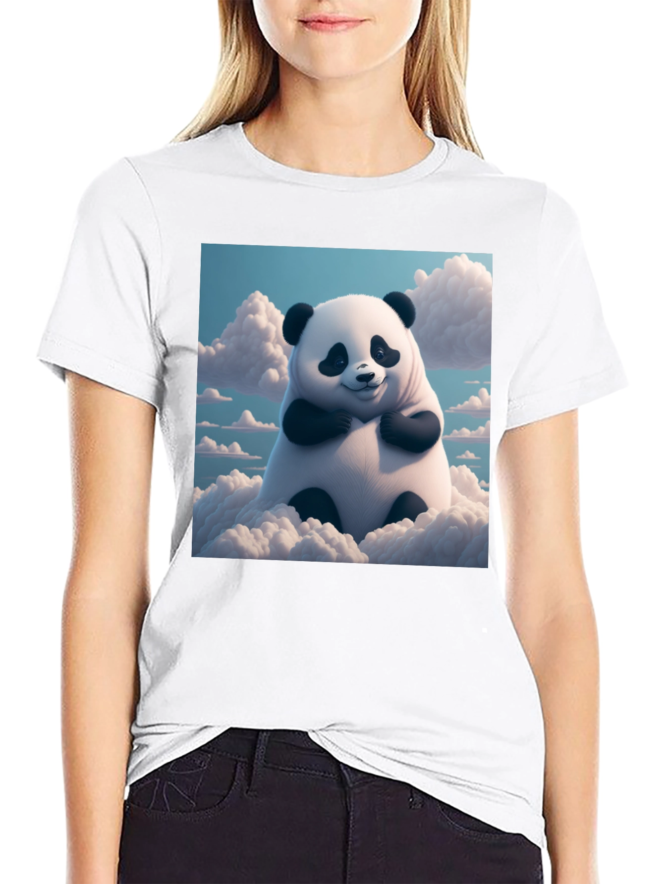 Black Cute Panda in Clouds Graphic Tee - Black Cotton T-Shirt view 9