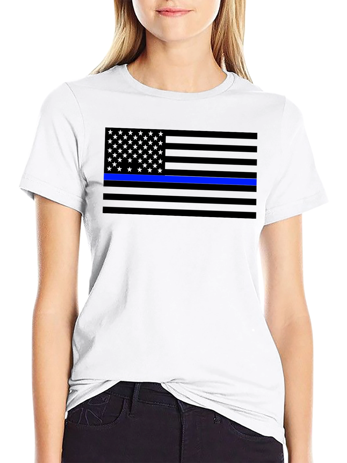 Black Blue Line Flag T-Shirt - Support Law Enforcement view 9