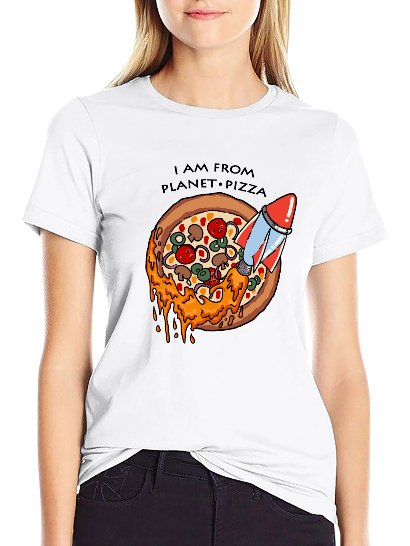 Black Planet Pizza T-Shirt - Rocket Launch Design view 9