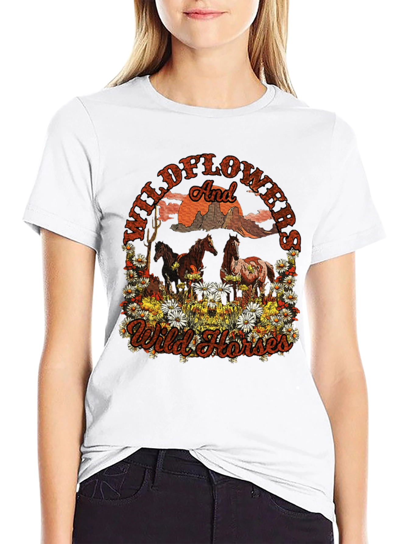 Black Wildflowers and Wild Horses Graphic Tee view 9