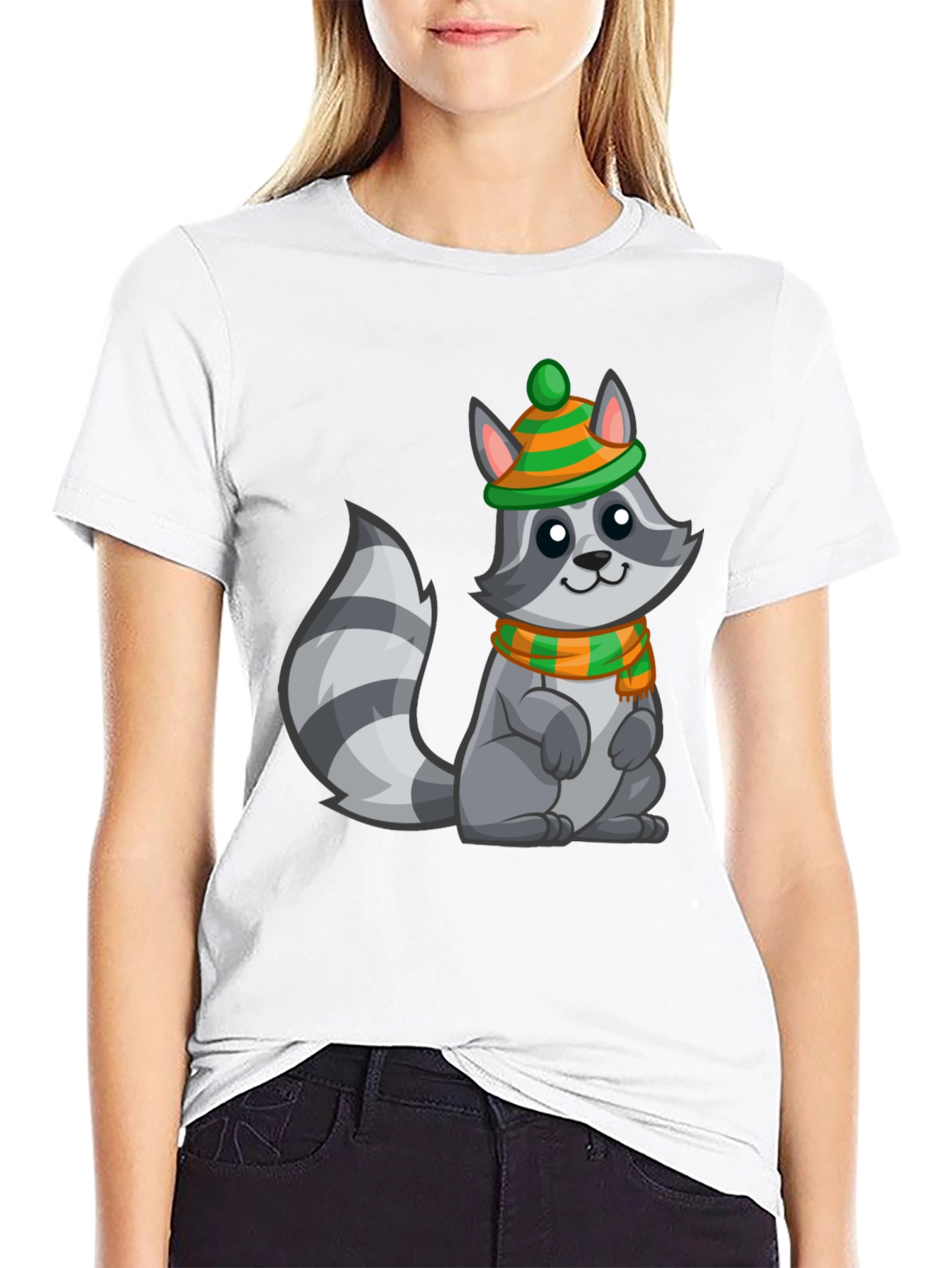 Black Cute Raccoon T-Shirt with Winter Hat and Scarf - Unisex Tee view 9