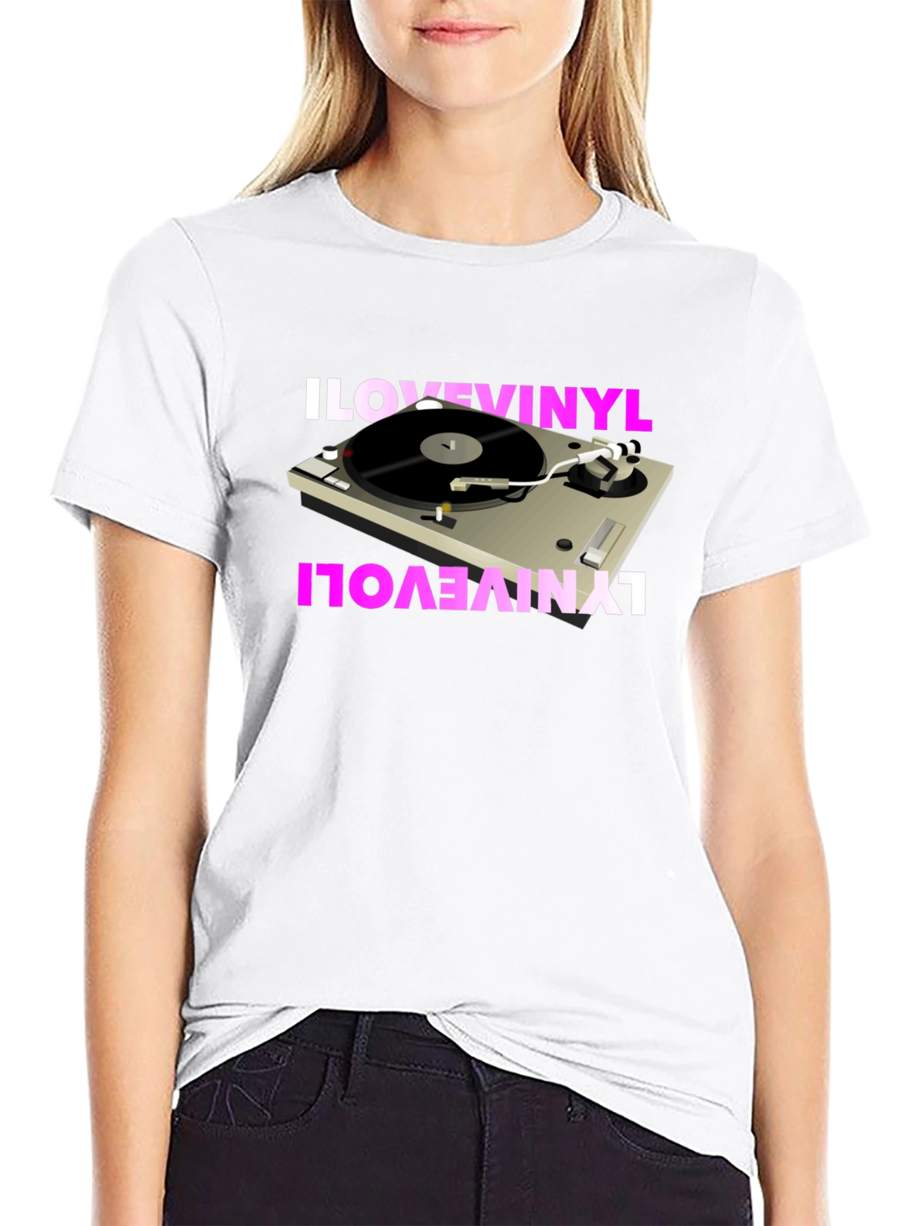 Black I Love Vinyl Turntable Graphic T-Shirt view 9