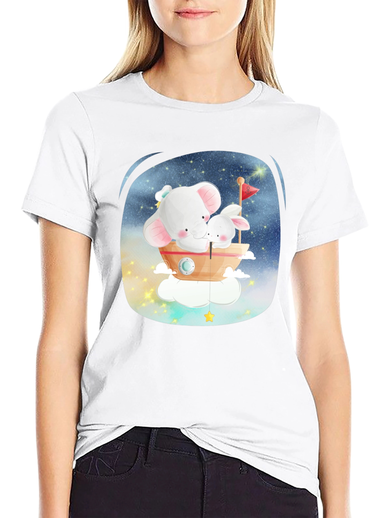 Black Cute Elephant & Bunny T-Shirt - Dreamy Design view 9