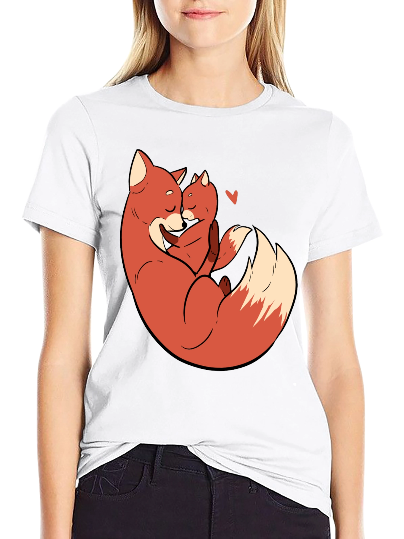 Black Fox Mom & Cub Love T-Shirt - Black, Cartoon Design view 9