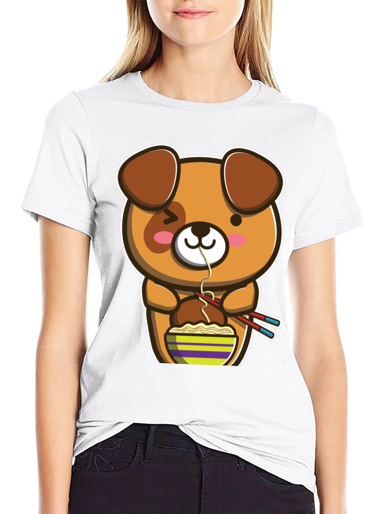 Black Cute Cartoon Dog Ramen T-Shirt view 9