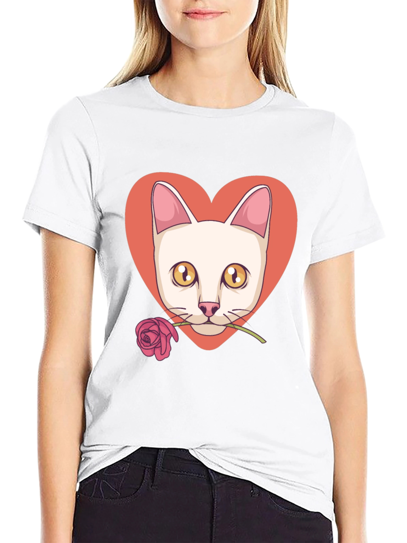 Cat & Rose Heart Graphic T-Shirt - Black - 9