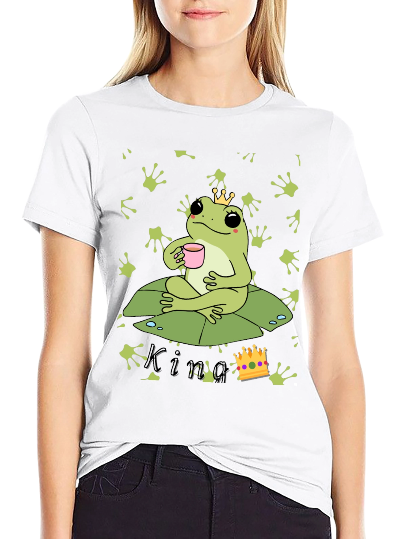 Black Frog King T-Shirt - Cute Frog with Crown Drinking Tea view 9