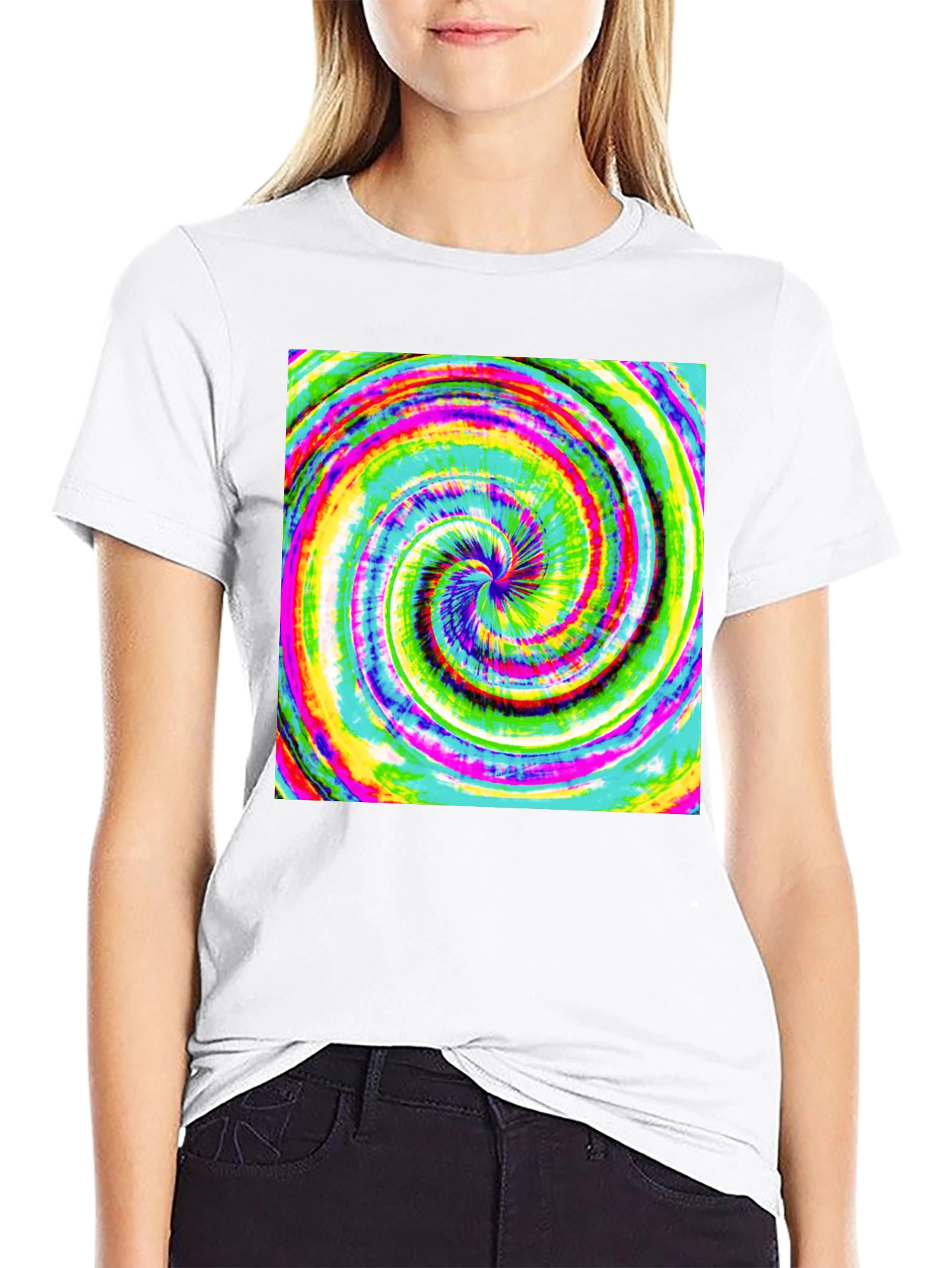 Black Psychedelic Swirl Tee - Vivid Rainbow Vortex Design view 9