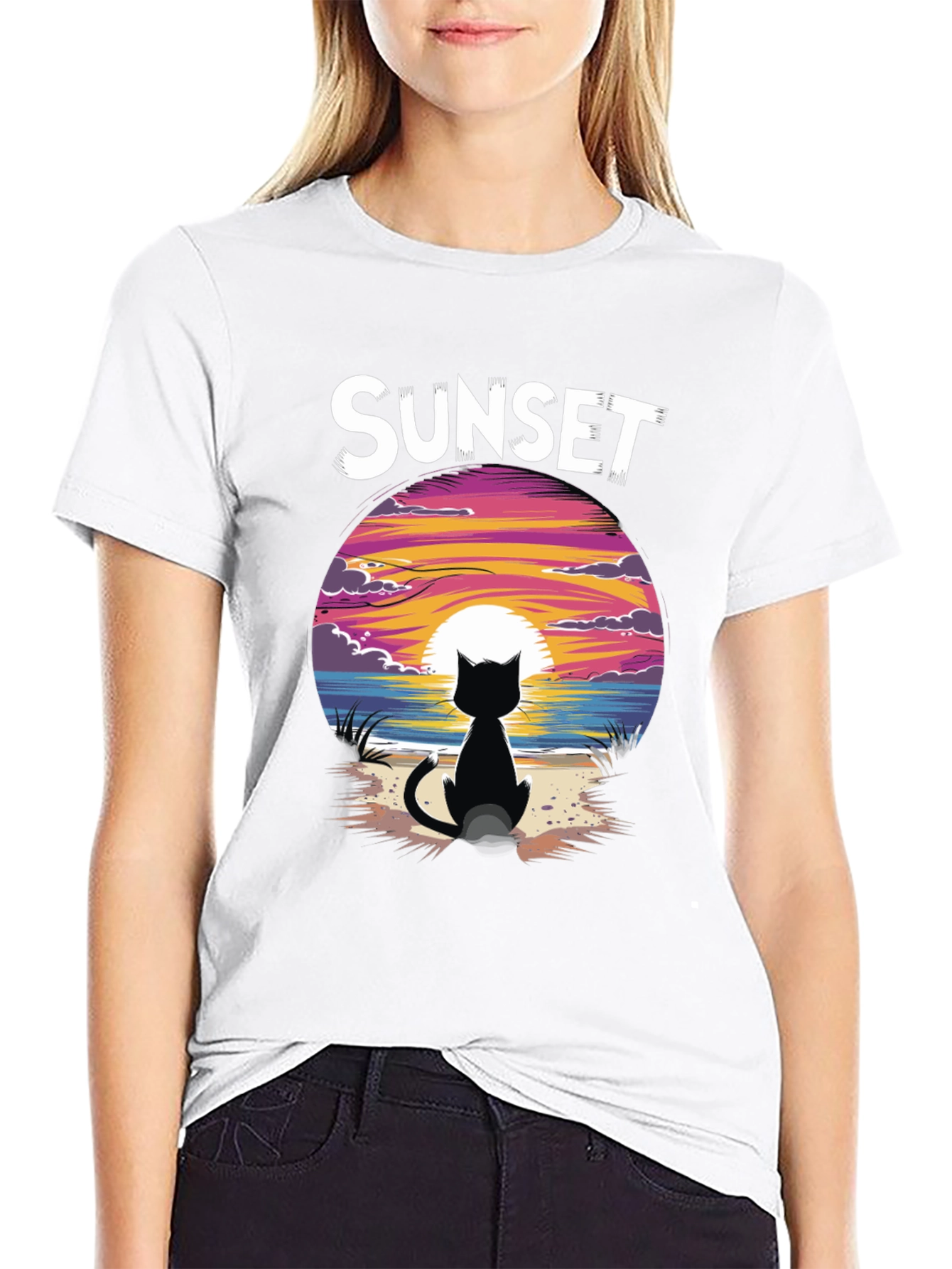 Black Sunset Cat Graphic Tee - Stylish Unisex Cotton T-Shirt view 9