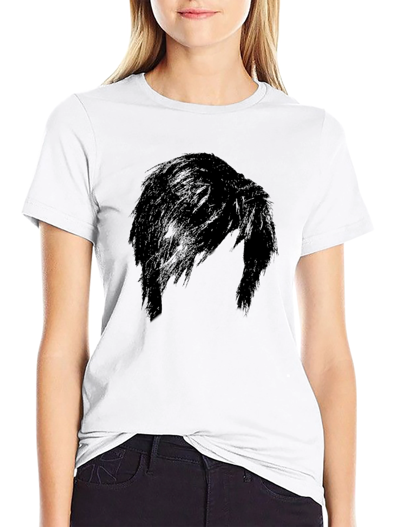 Black Men's Black Graphic Tee - Mysterious Hair Silhouette Design view 9