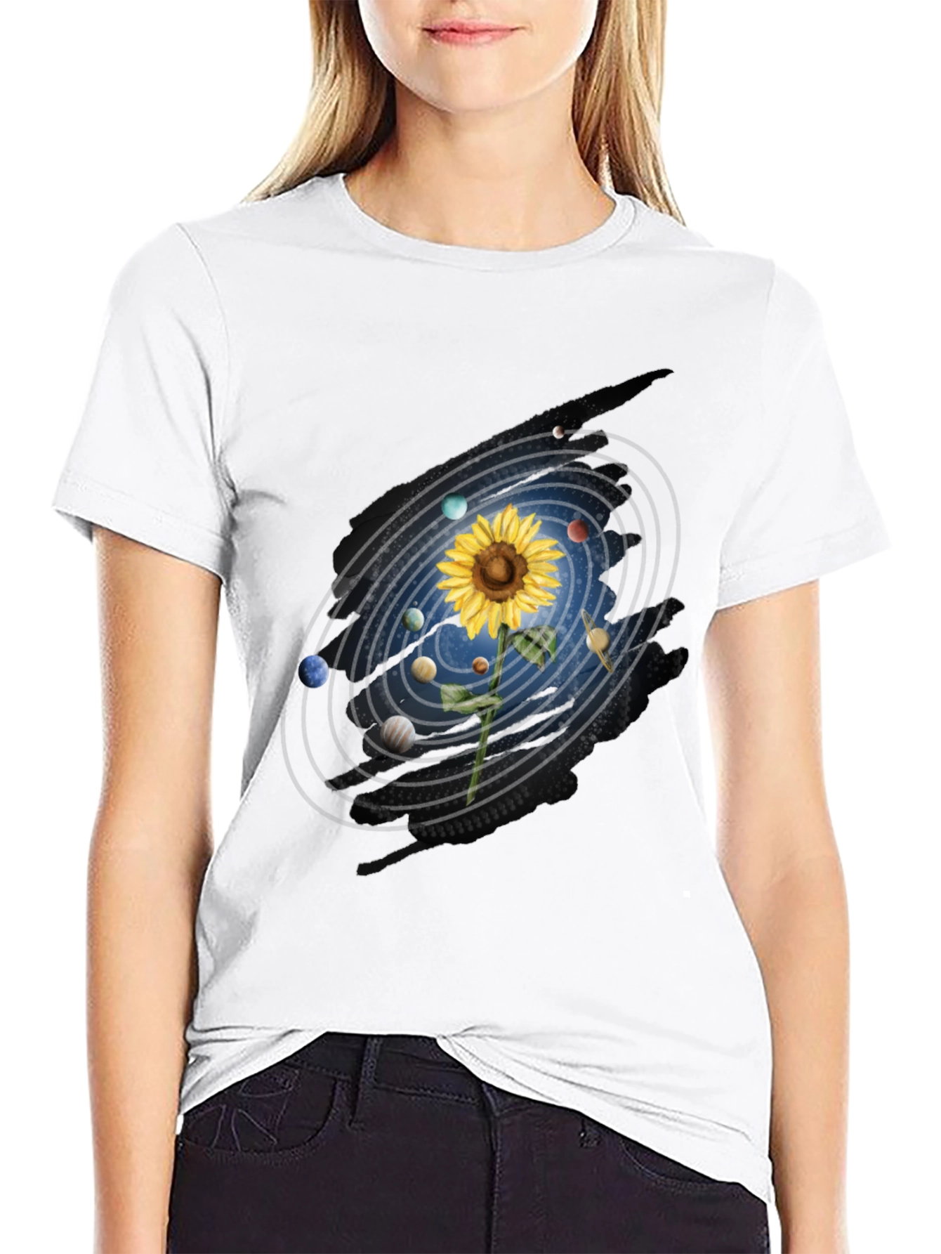 Black Sunflower Solar System Graphic Tee view 9