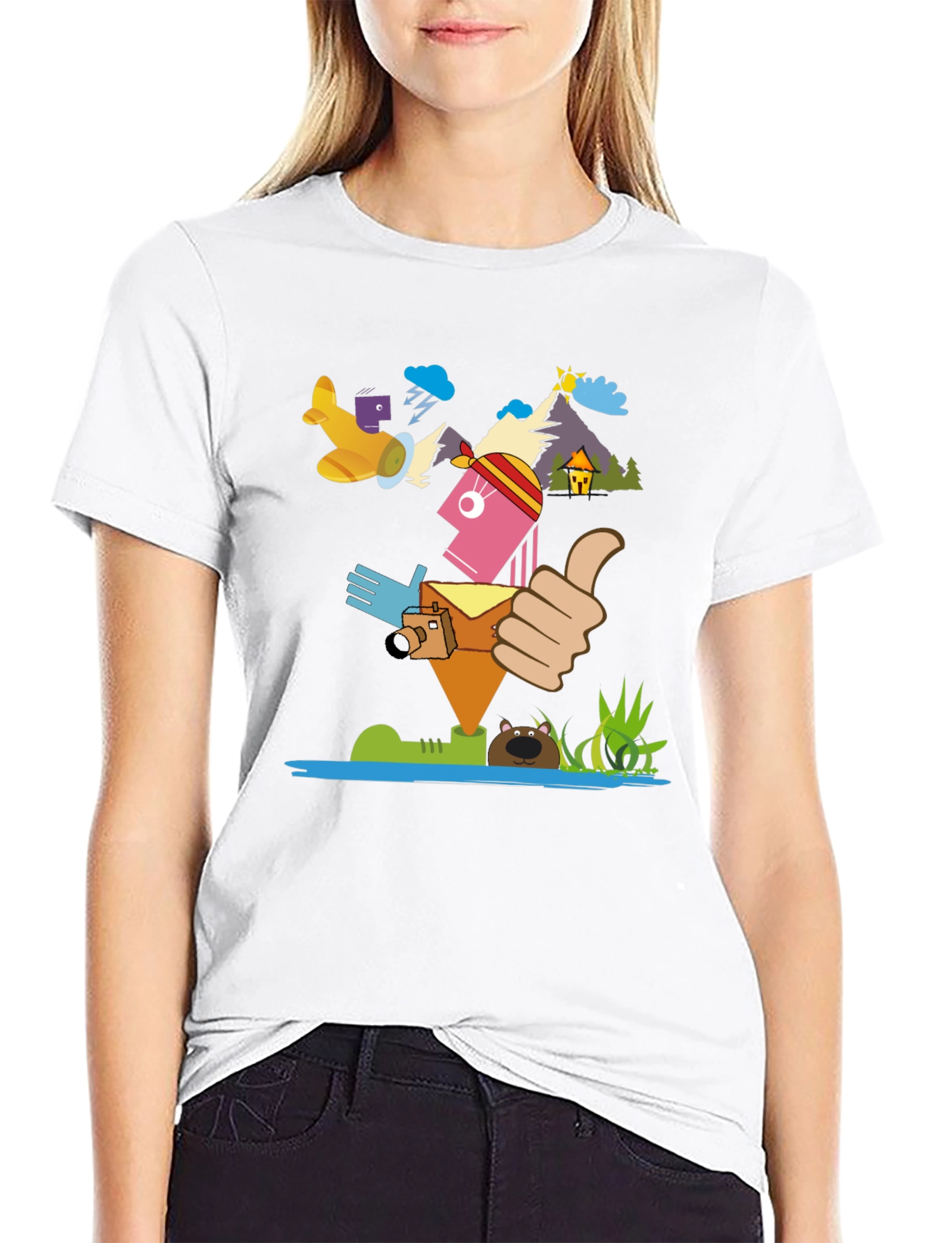 Black Funky Graphic Print Tee - Travel Adventure Theme view 9