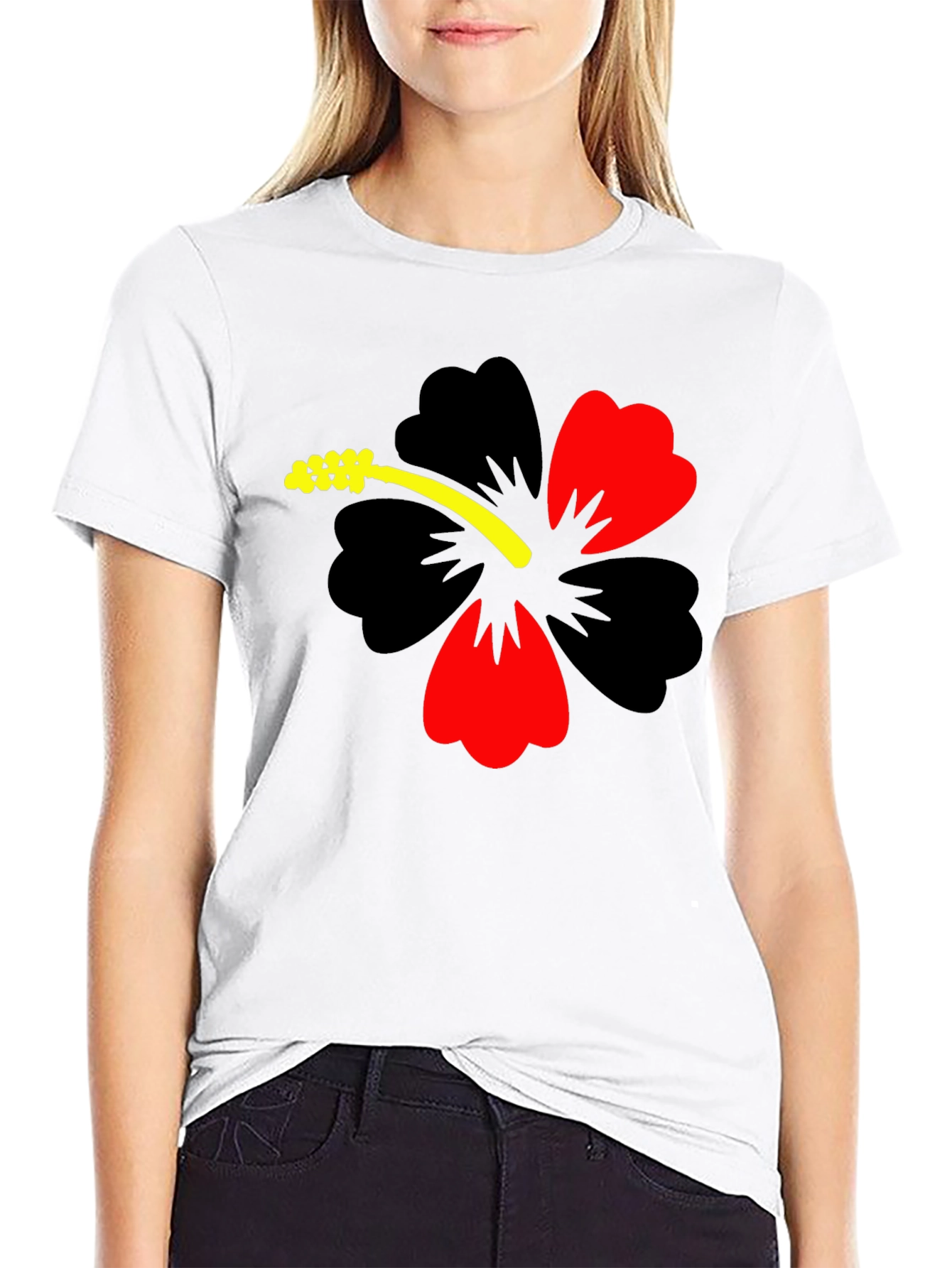 Black Hibiscus Flower Graphic Tee - Casual Black T-Shirt view 9