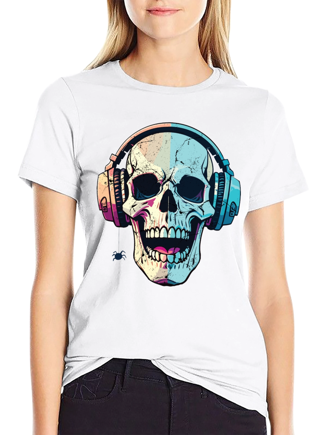 Black Skull with Headphones Graphic Tee - Trendy Music Lover Shirt view 9
