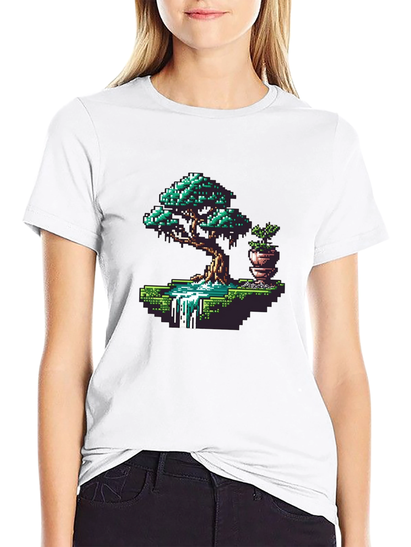 Black Pixel Art Bonsai Tree Graphic Tee view 9