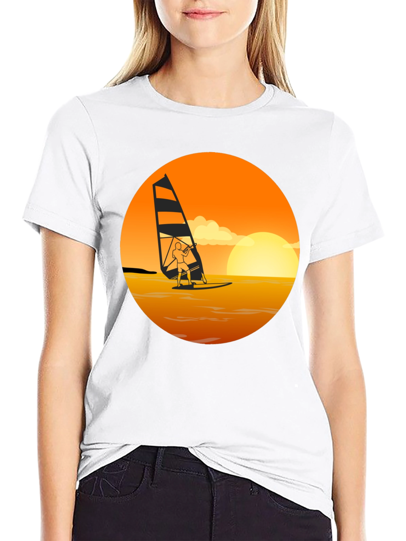 Black Windsurfing Sunset Graphic Tee - Black Cotton T-Shirt view 9