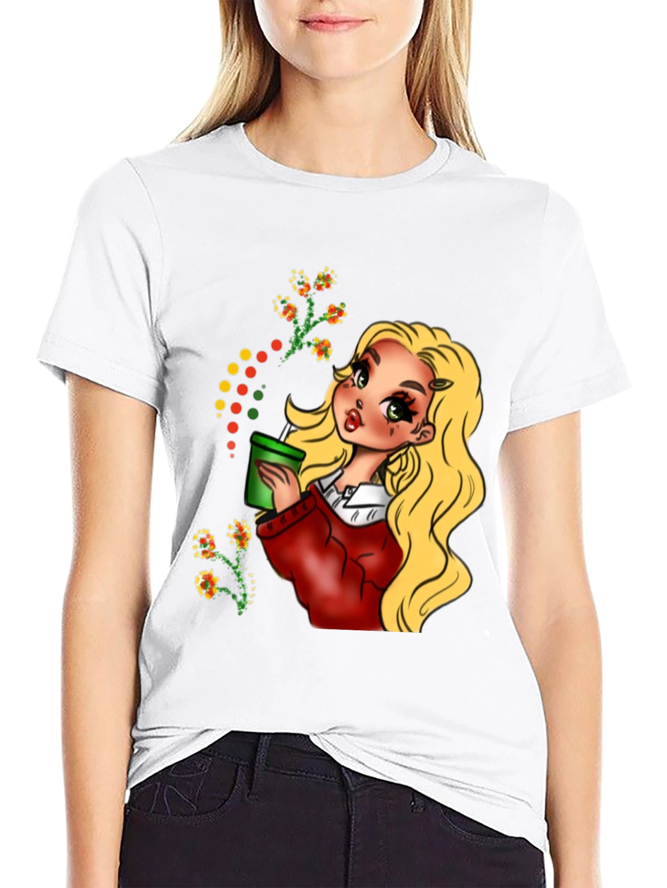Black Blonde Cartoon Girl Black T-Shirt view 9