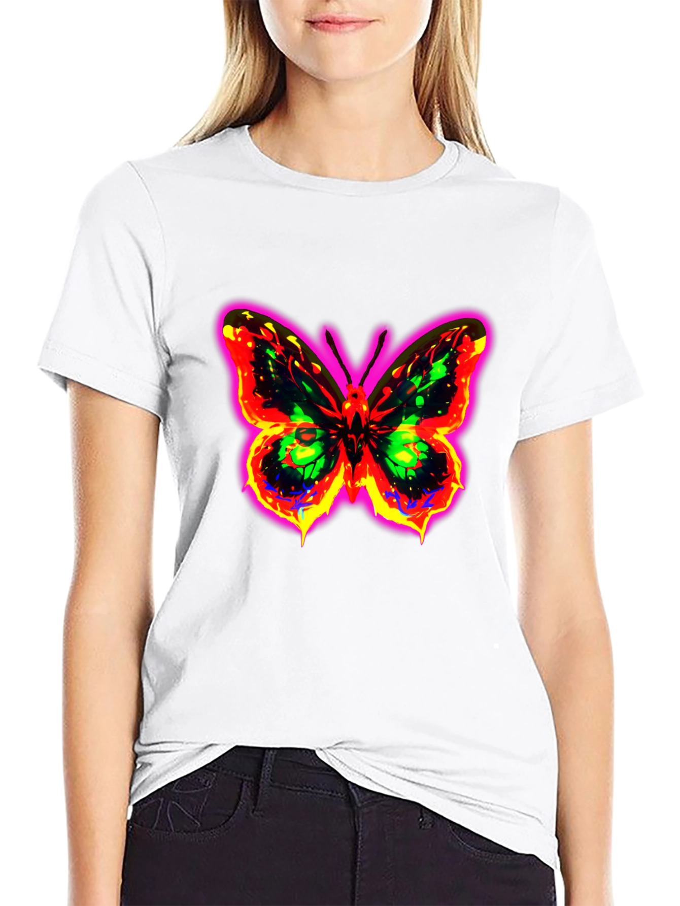 Black Neon Butterfly Graphic Black T-Shirt view 9