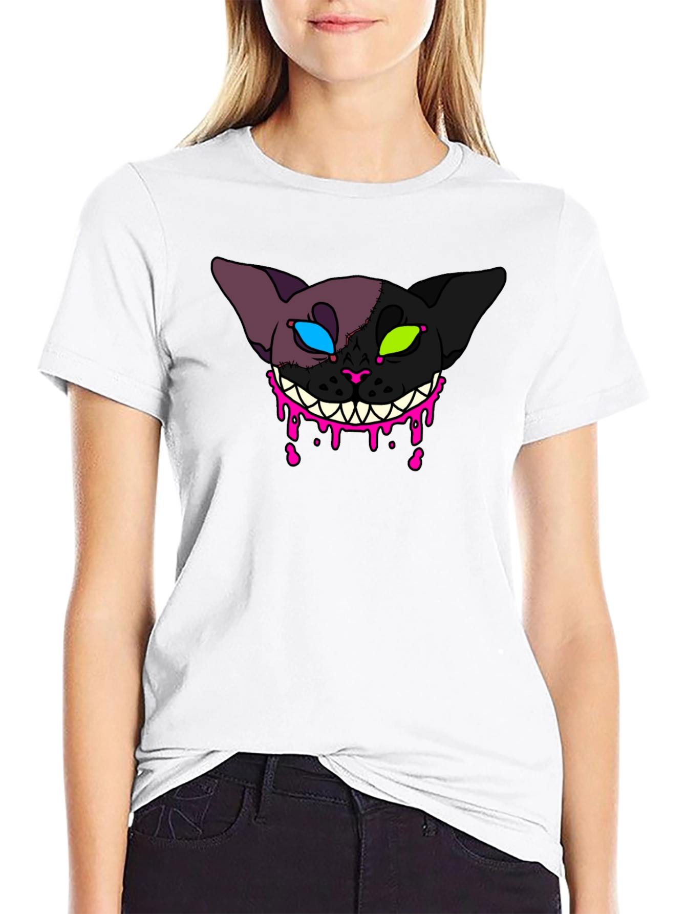Black Creepy Cat Graphic T-Shirt - Unique Design view 9