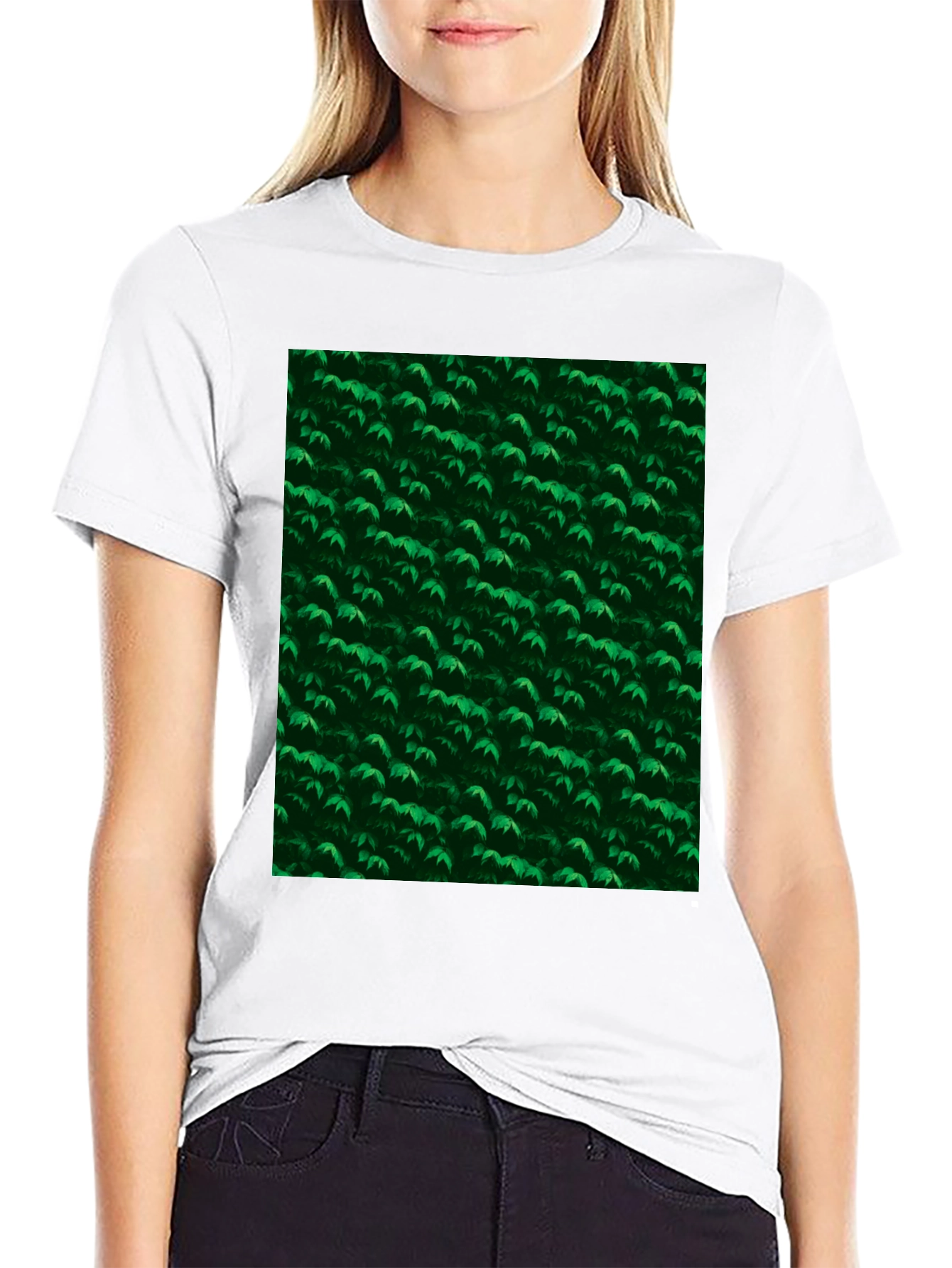 Black Green Leaves Pattern Black T-Shirt view 9