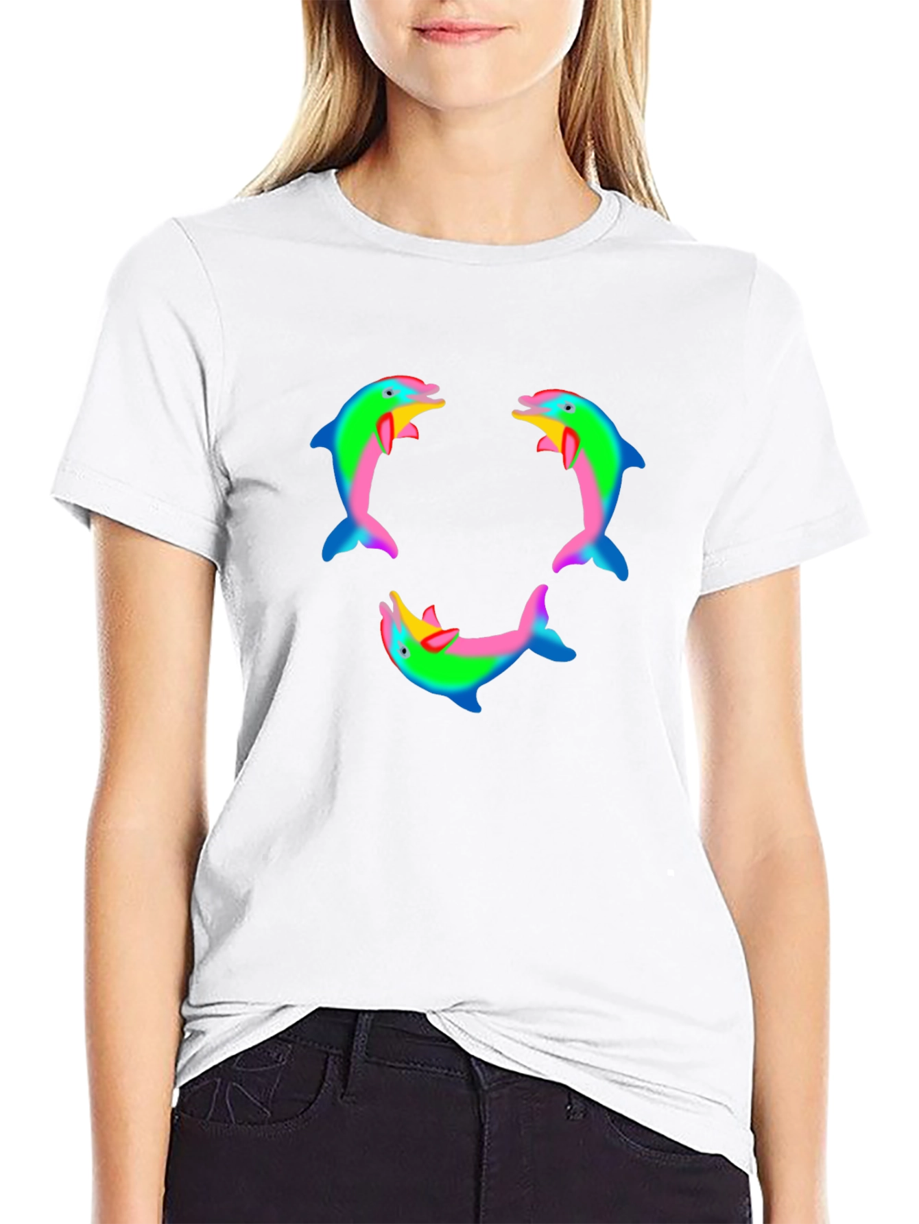 Black Dolphin T-Shirt - Rainbow Pattern view 9