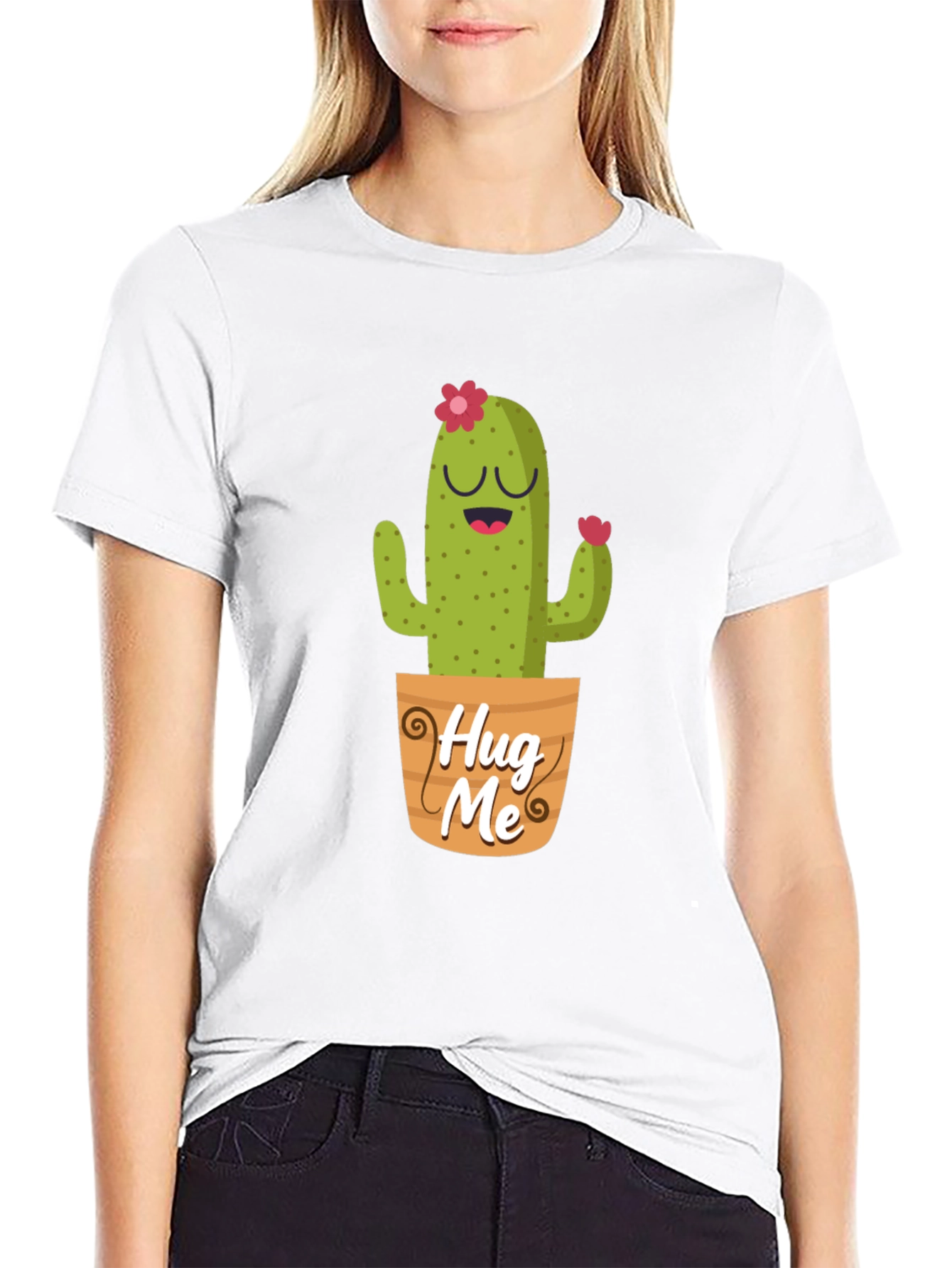 Black Cute Cactus "Hug Me" Graphic T-Shirt view 9