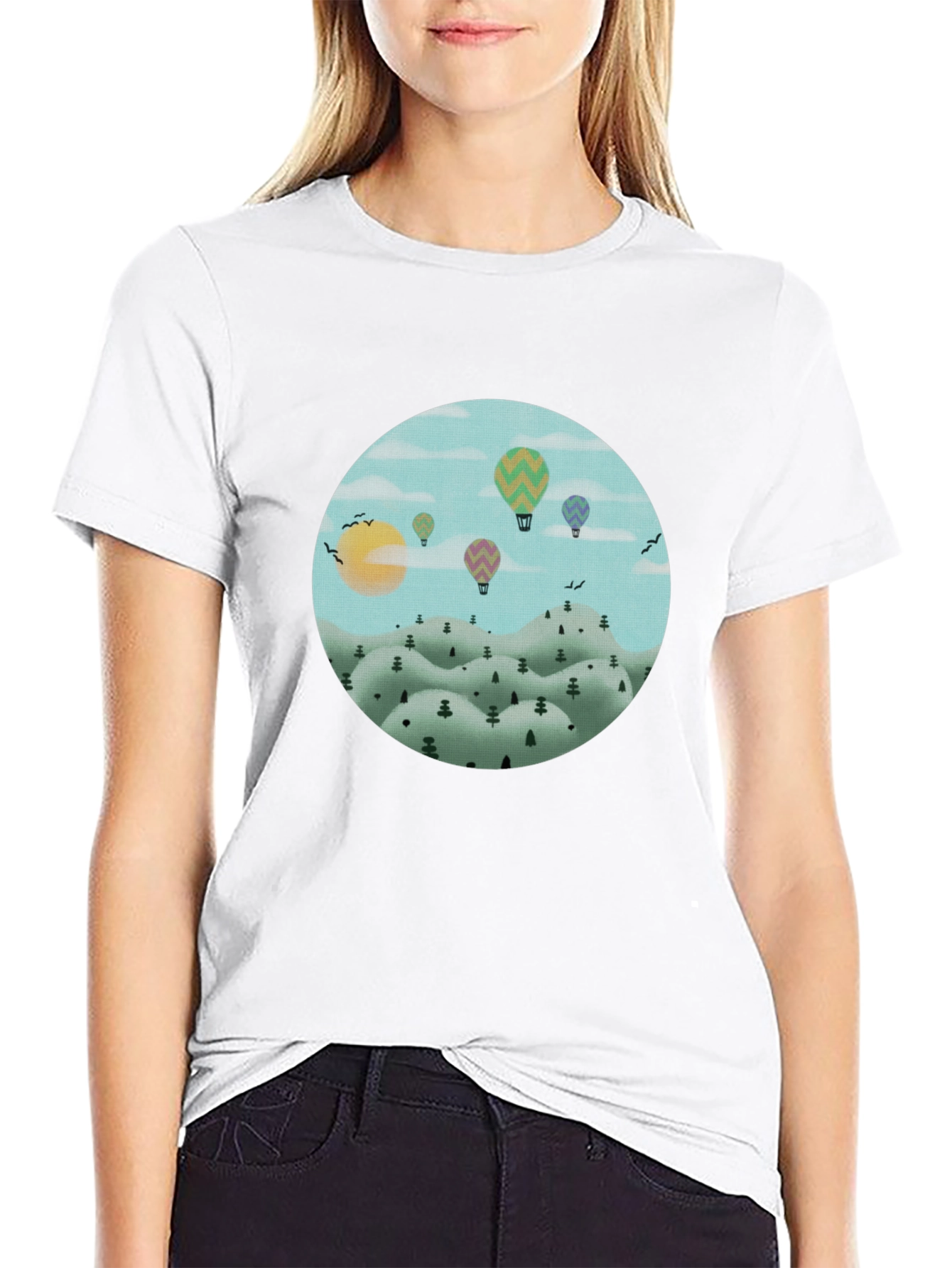 Black Hot Air Balloon Landscape Graphic Tee - Black Cotton view 9