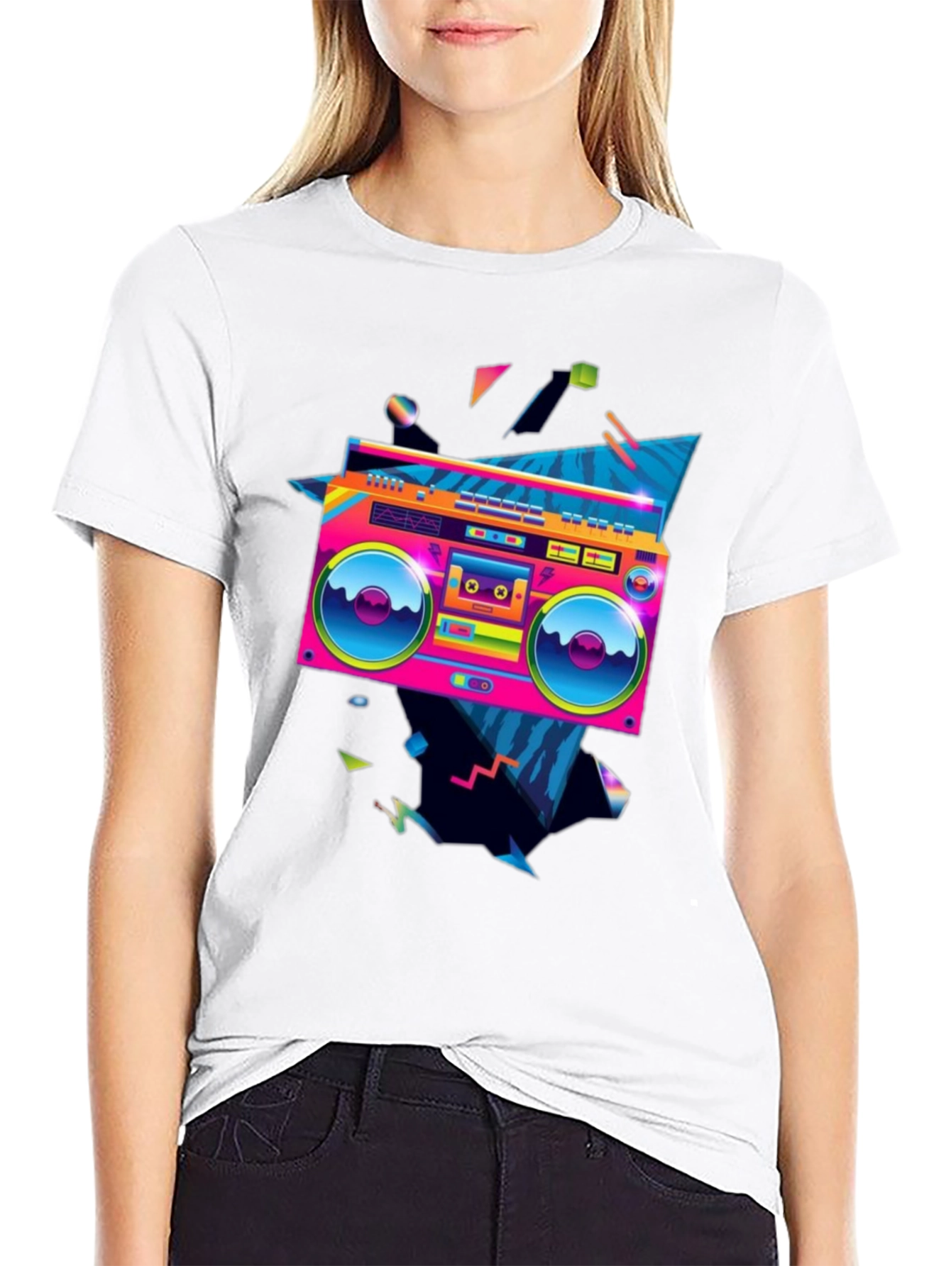 Black Retro Boombox Graphic Tee - 80s Style! view 9