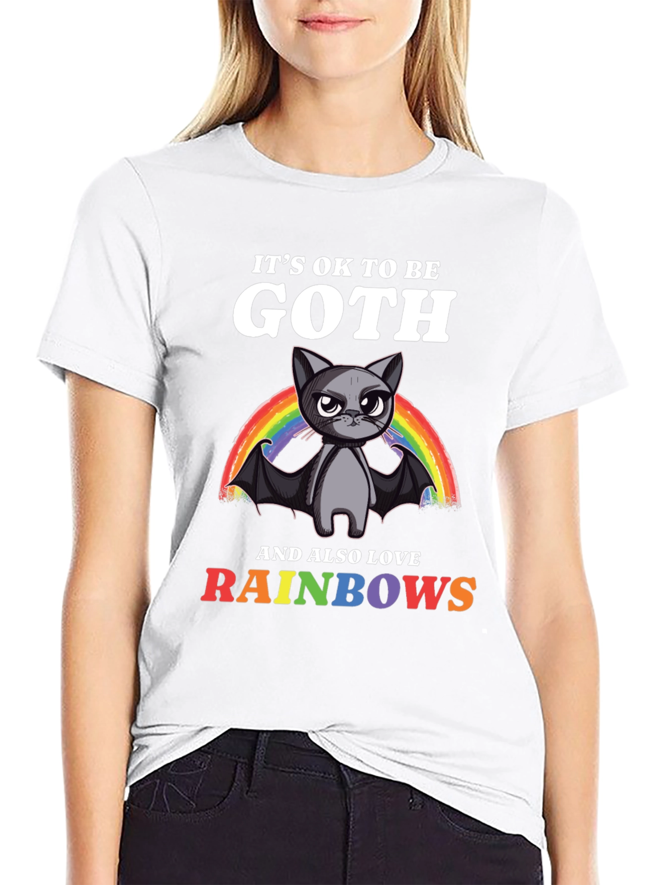 Black Goth Cat Rainbow T-Shirt view 9