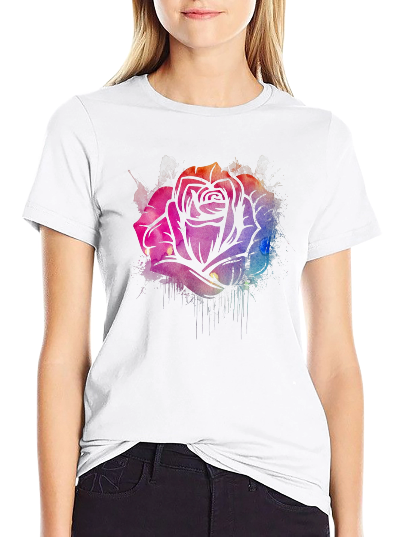 Black Watercolor Rose Graphic Tee - Stylish Black T-Shirt view 9