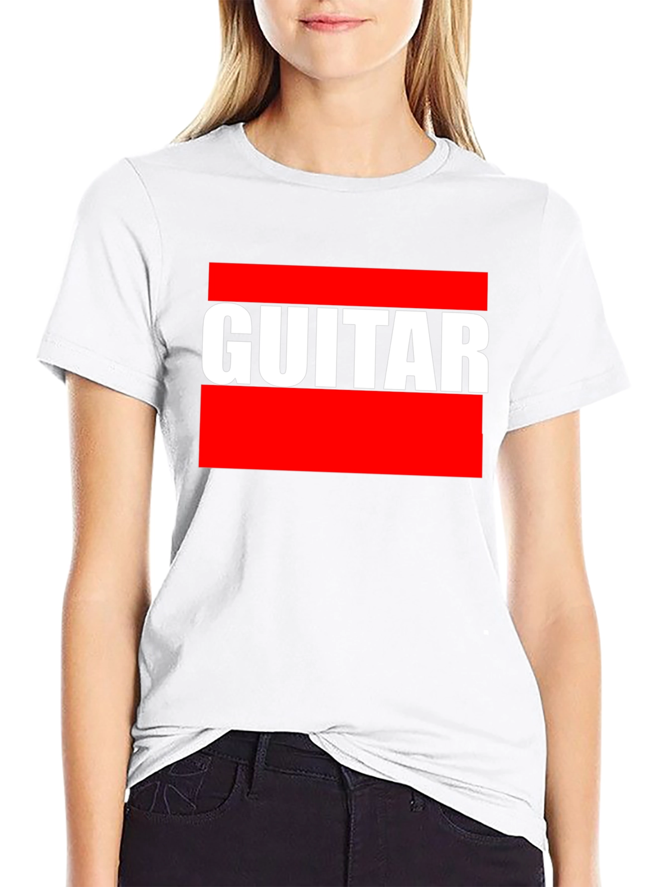 Black Guitar T-Shirt - Bold Red and White Design view 9