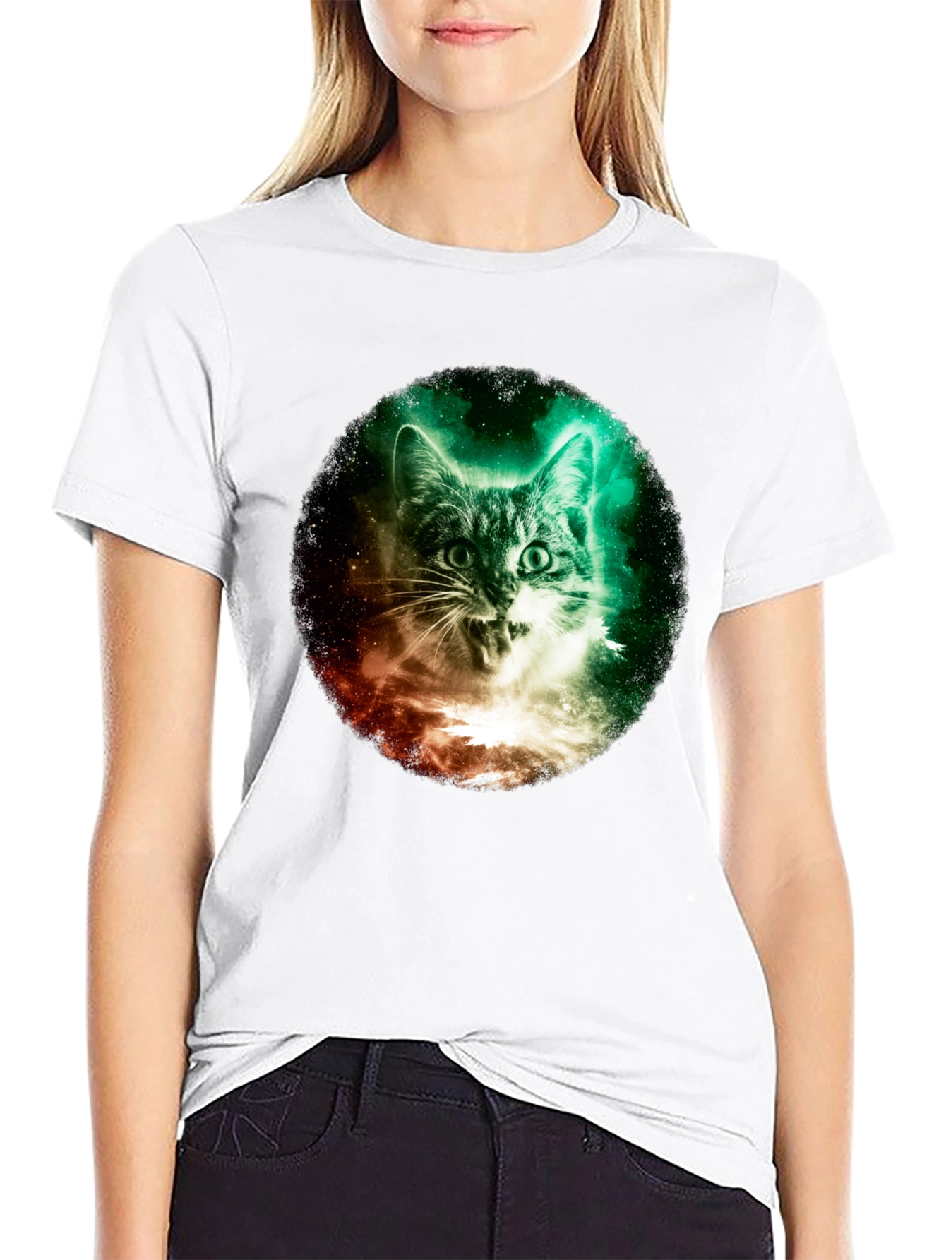 Black Cosmic Cat Graphic Tee - Galaxy Kitten T-Shirt view 9