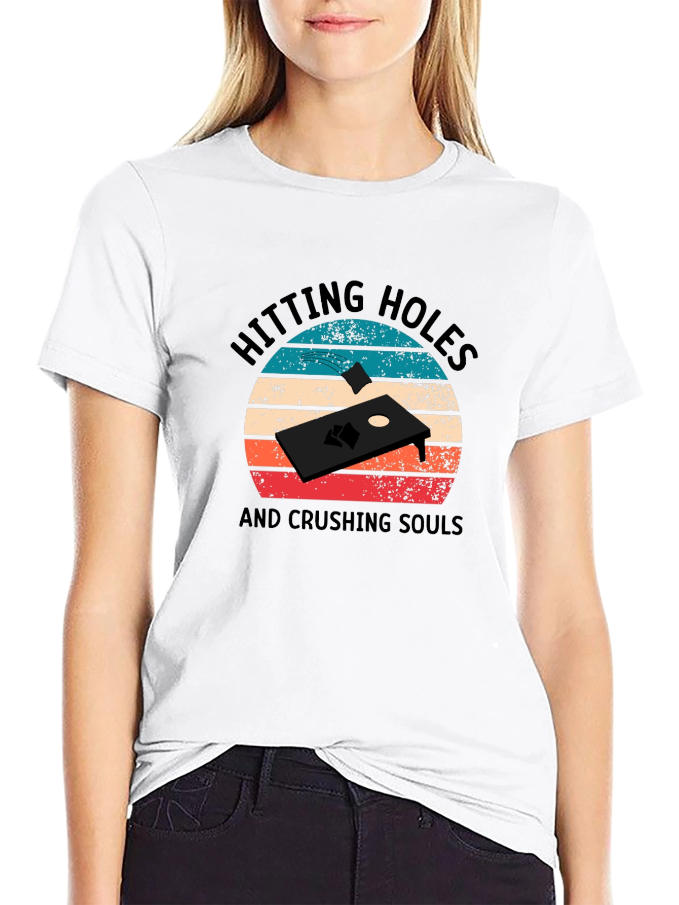 Black Hitting Holes Cornhole T-Shirt view 9