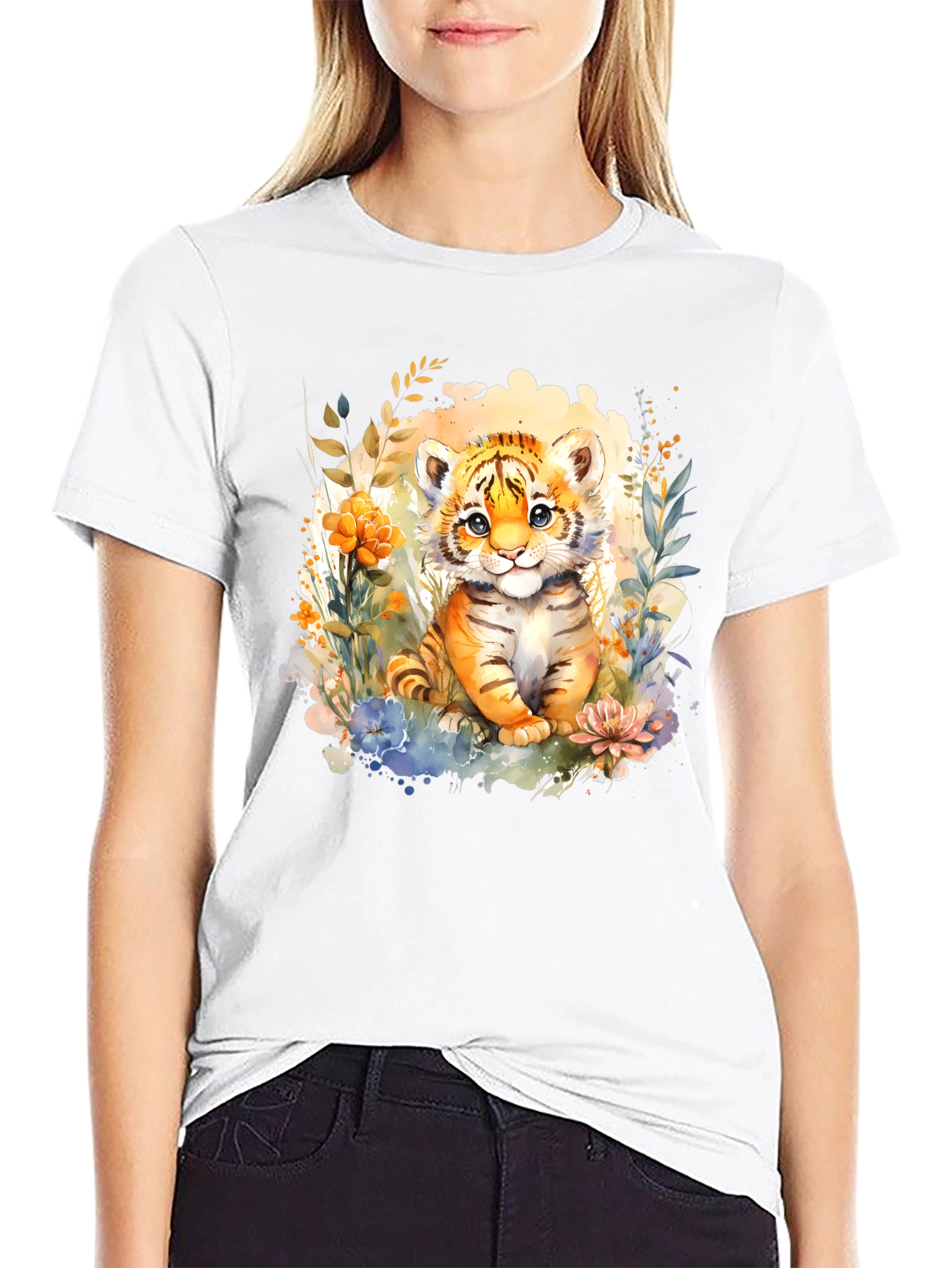 Black Cute Tiger Cub Floral Graphic T-Shirt view 9