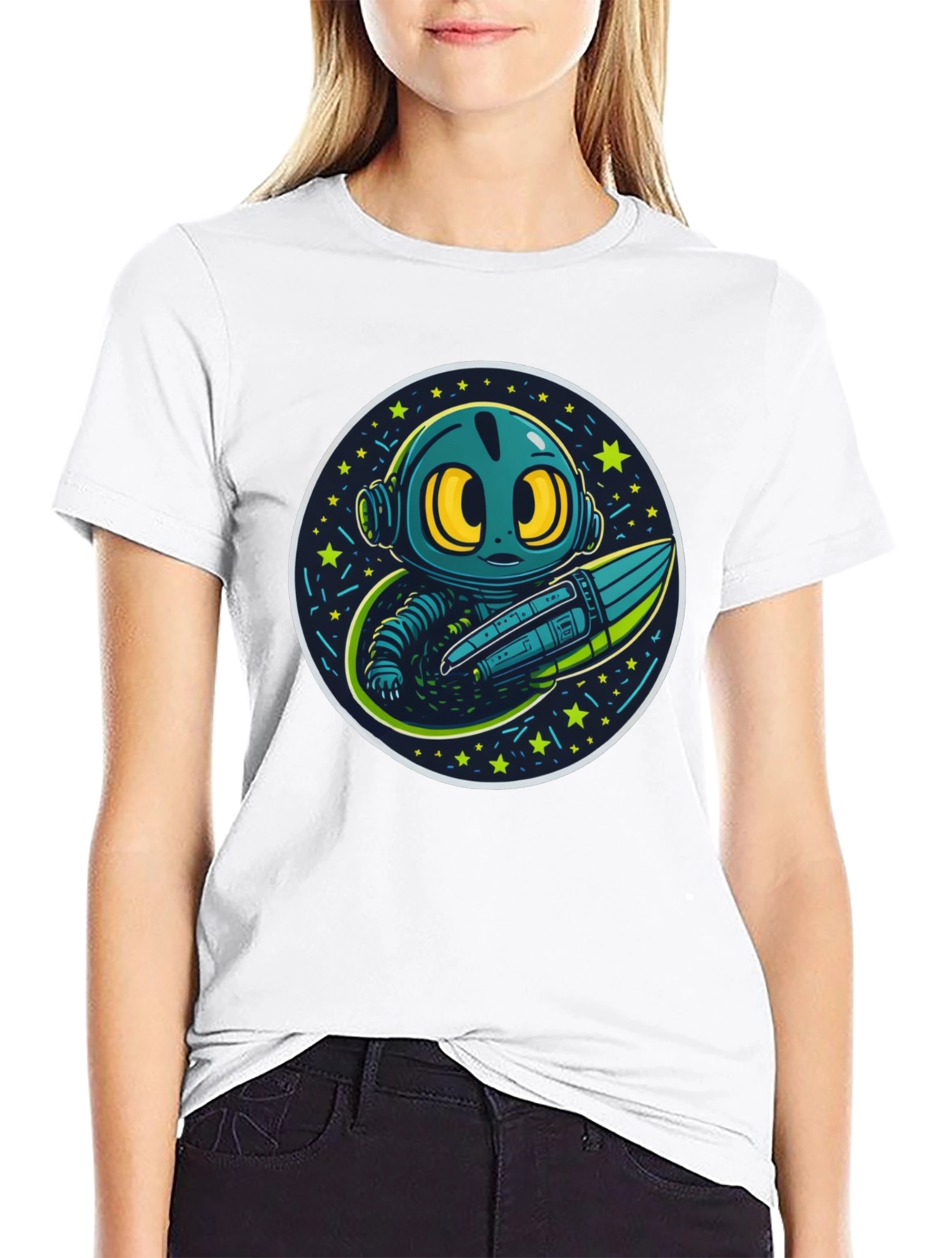 Black Cartoon Alien Rocket Black T-Shirt view 9