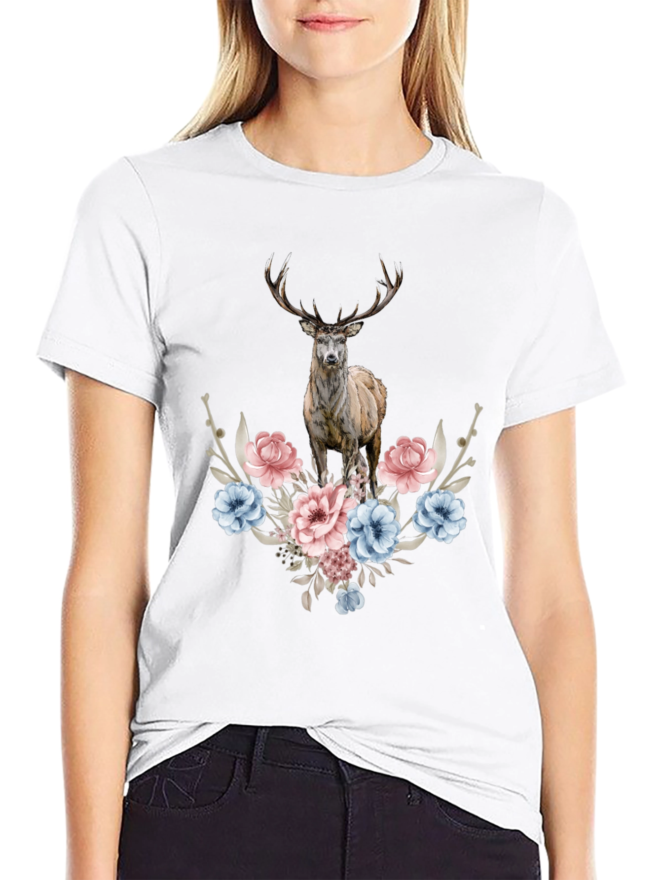 Black Floral Deer Graphic Tee - Men's Black T-Shirt view 9